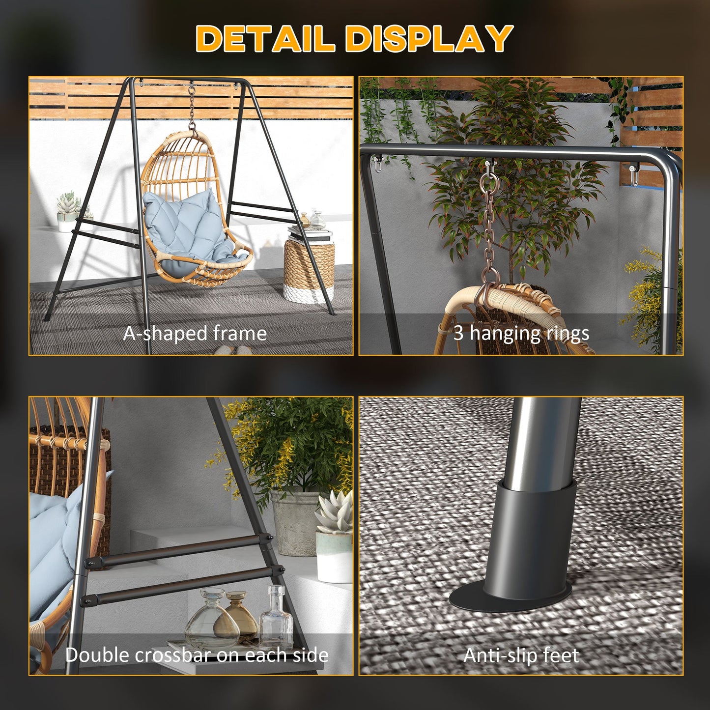 Hammock Chair Stand, Hanging Heavy Duty Metal Frame Hammock Stand for Hanging Hammock Air Porch Swing Chair, Egg Cahir, Indoor & Outdoor Use, Black