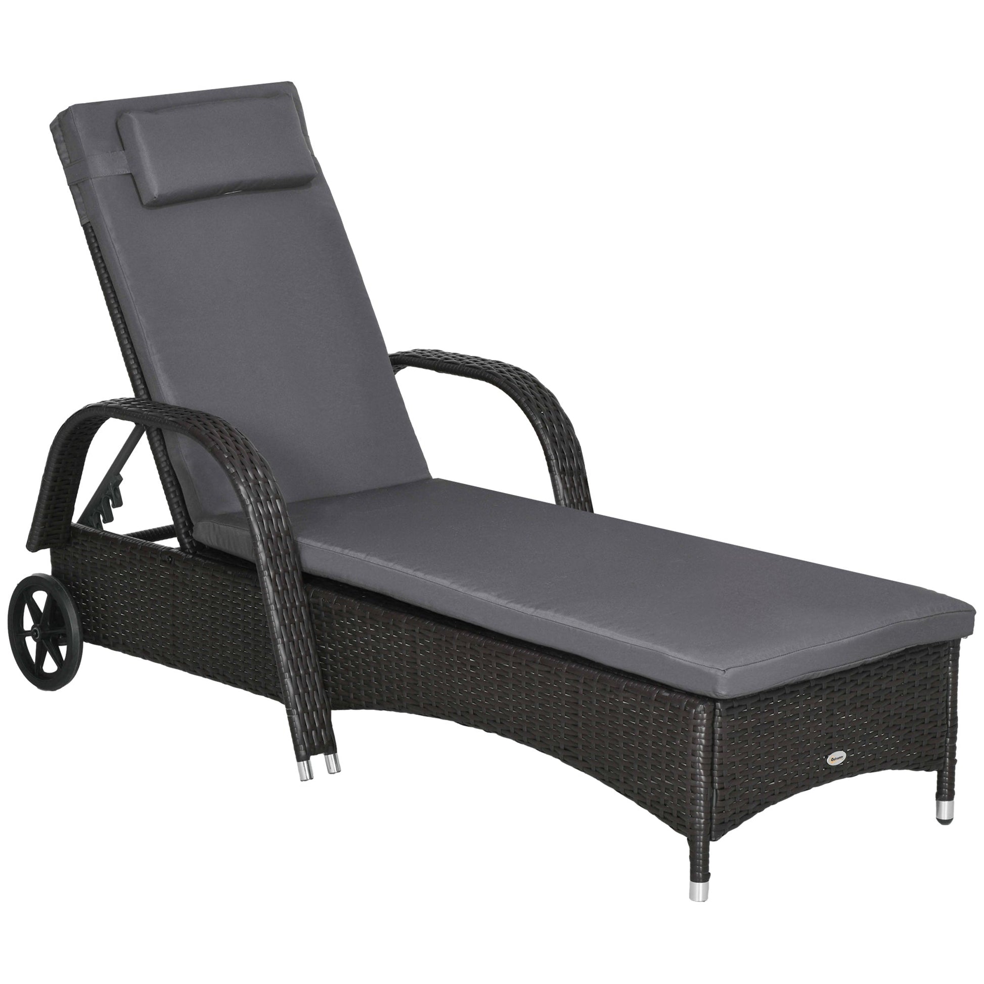 Wicker Chaise Lounge, Outdoor Lounge Chair, PE Rattan Patio Sun lounger with Head-rest, 5-Level Height Adjust Backrest, Cushion, & Wheels, Deep Coffee and Med Grey