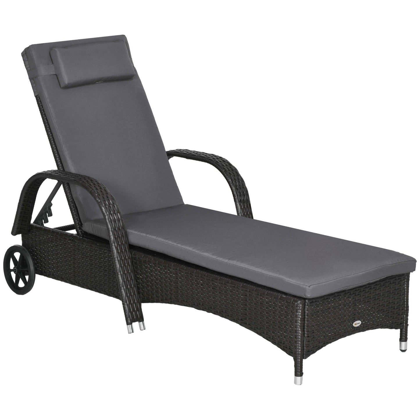 Wicker Chaise Lounge, Outdoor Lounge Chair, PE Rattan Patio Sun lounger with Head-rest, 5-Level Height Adjust Backrest, Cushion, & Wheels, Deep Coffee and Med Grey