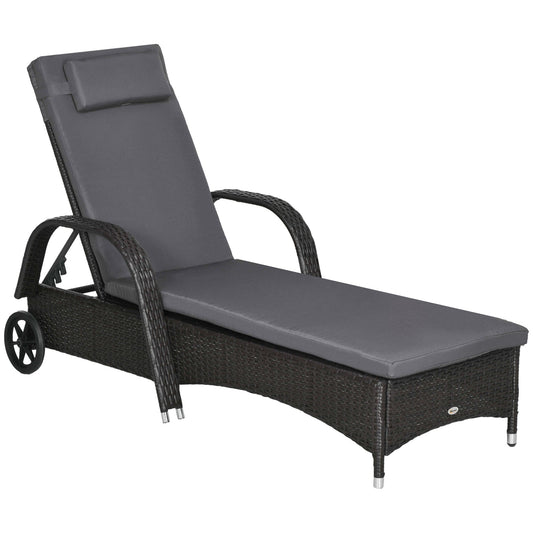 Wicker Chaise Lounge, Outdoor Lounge Chair, PE Rattan Patio Sun lounger with Head-rest, 5-Level Height Adjust Backrest, Cushion, & Wheels, Deep Coffee and Med Grey