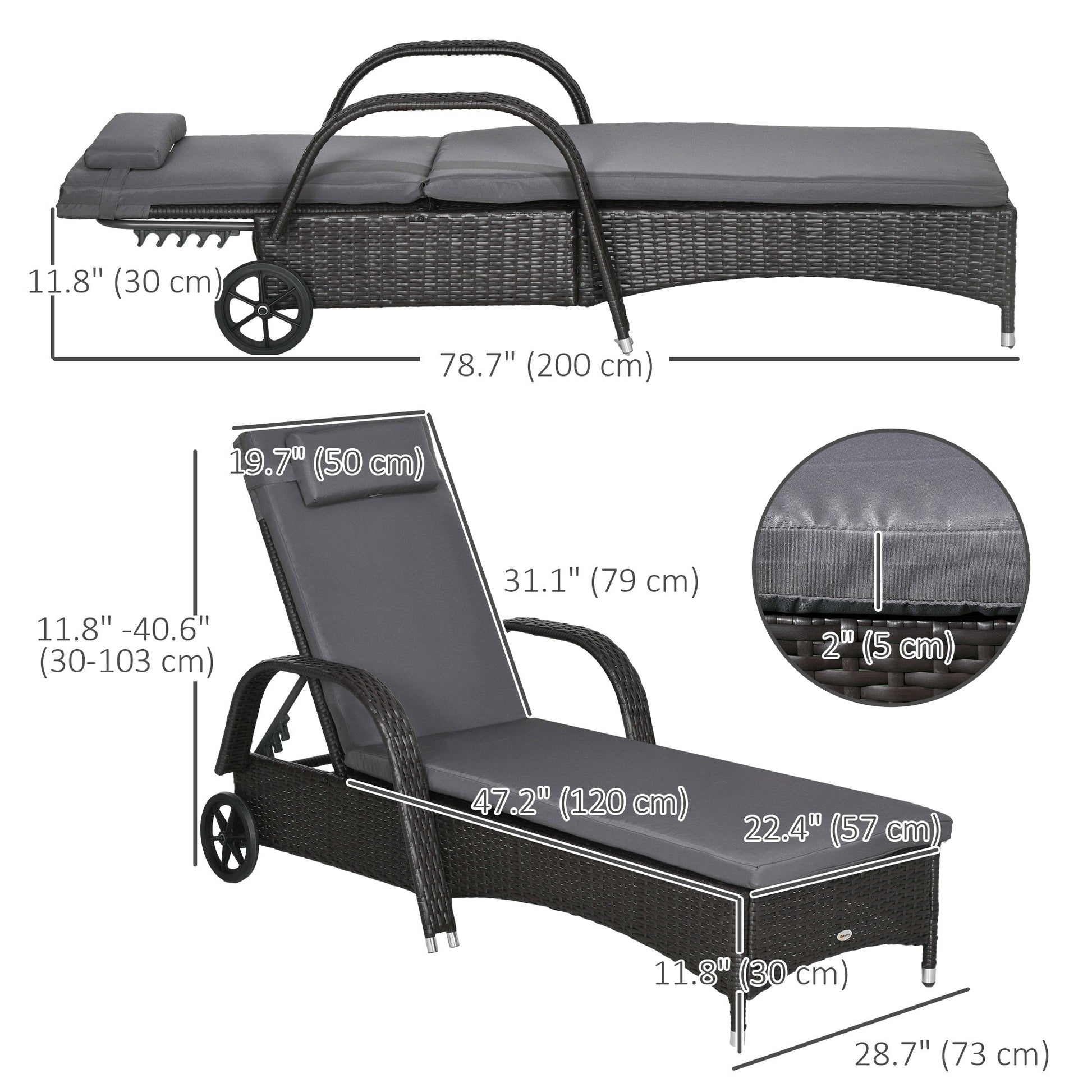 Wicker Chaise Lounge, Outdoor Lounge Chair, PE Rattan Patio Sun lounger with Head-rest, 5-Level Height Adjust Backrest, Cushion, & Wheels, Deep Coffee and Med Grey
