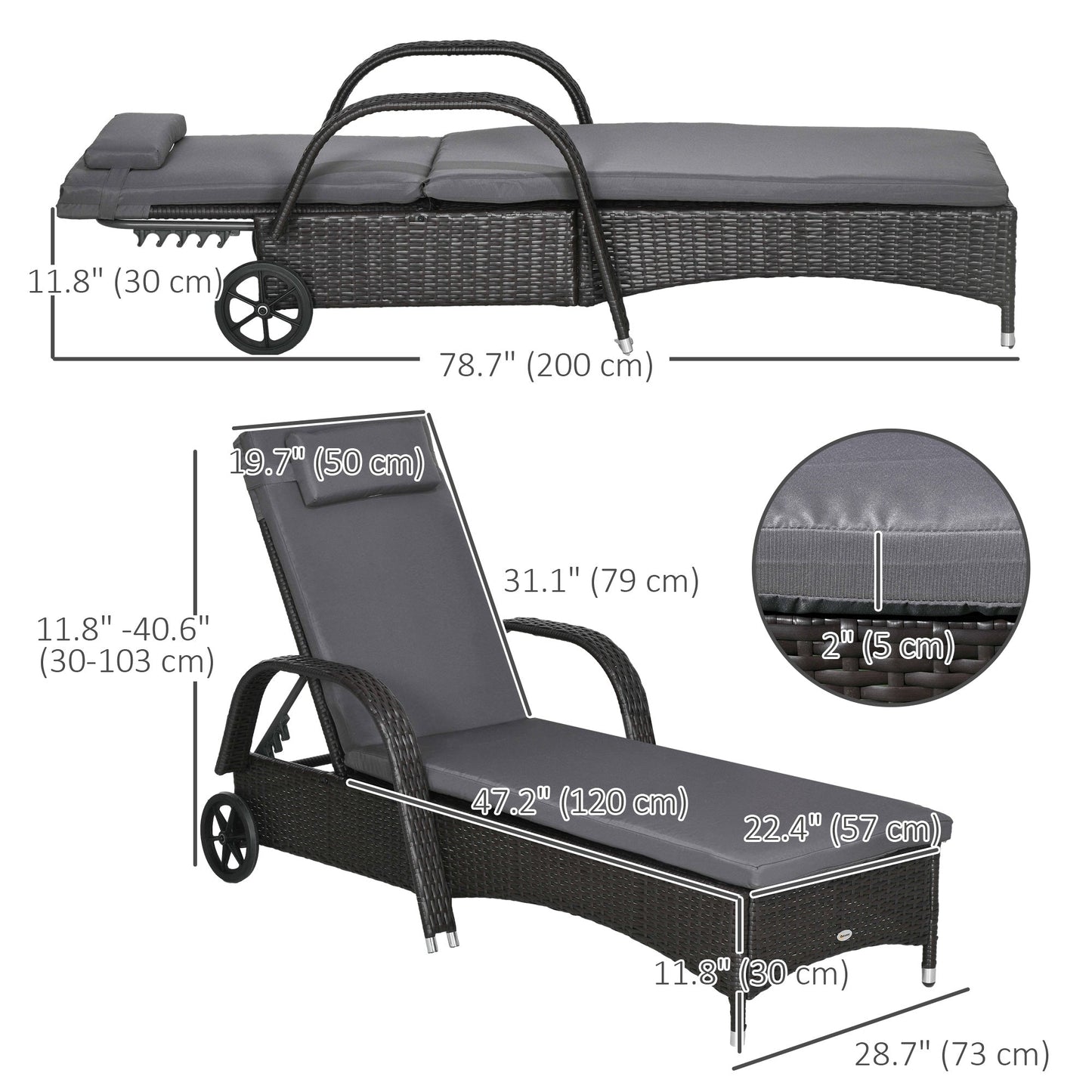 Wicker Chaise Lounge, Outdoor Lounge Chair, PE Rattan Patio Sun lounger with Head-rest, 5-Level Height Adjust Backrest, Cushion, & Wheels, Deep Coffee and Med Grey