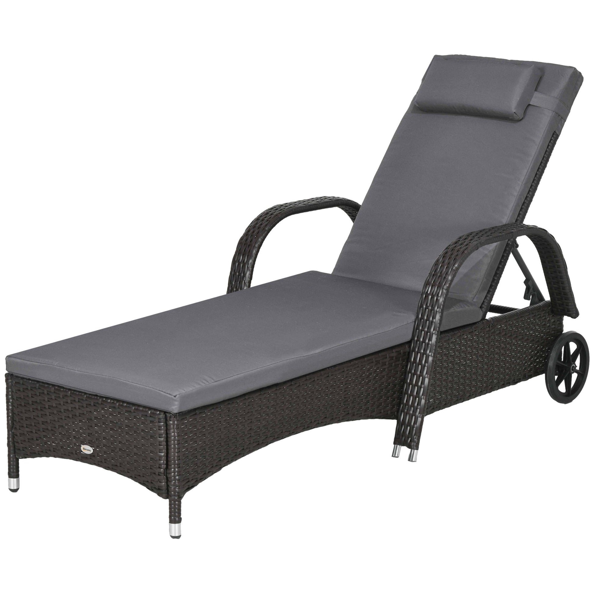 Wicker Chaise Lounge, Outdoor Lounge Chair, PE Rattan Patio Sun lounger with Head-rest, 5-Level Height Adjust Backrest, Cushion, & Wheels, Deep Coffee and Med Grey