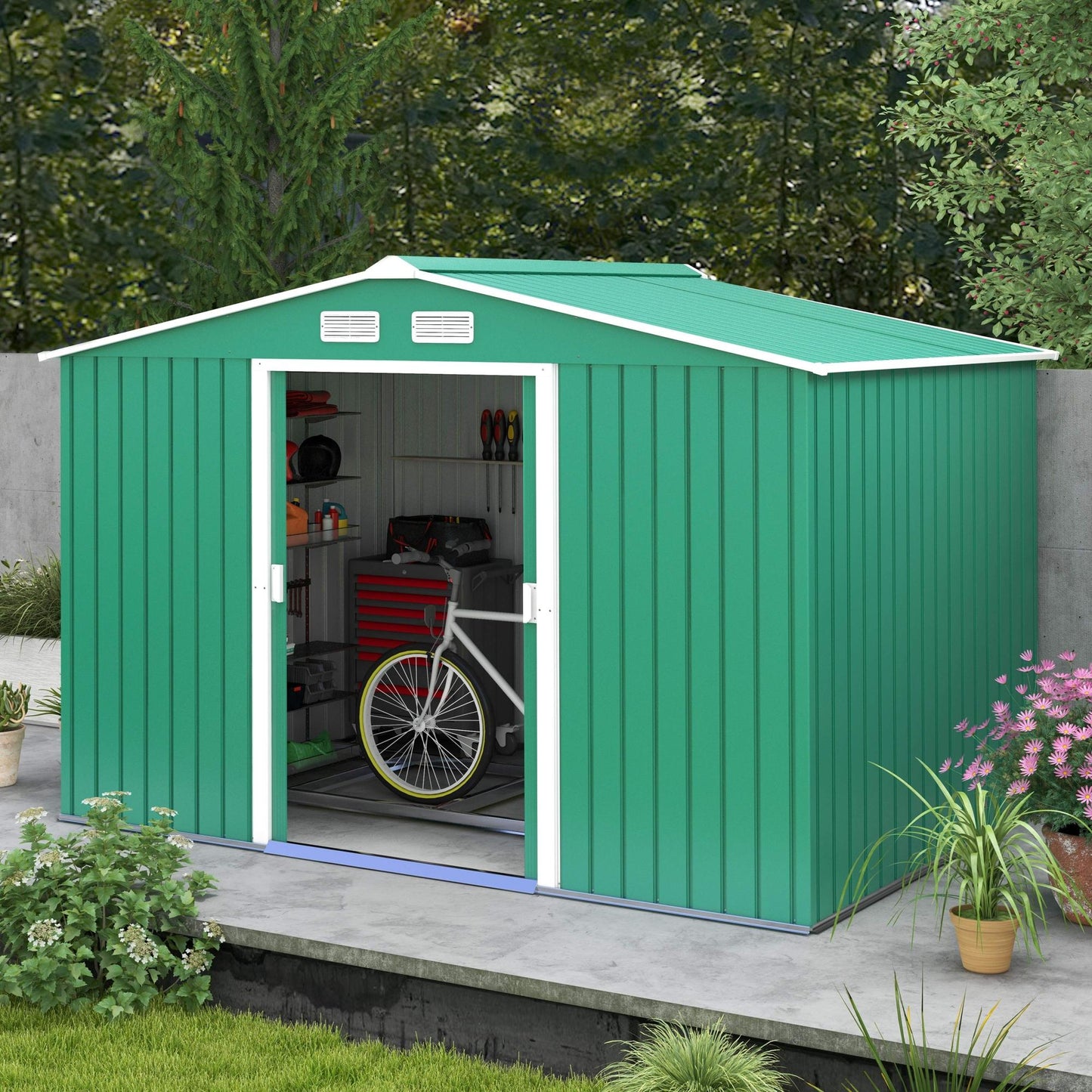 9' x 6' Garden Storage Shed with Foundation Kit, Metal Tool Storage House with Double Doors for Outdoor Patio Yard, Green