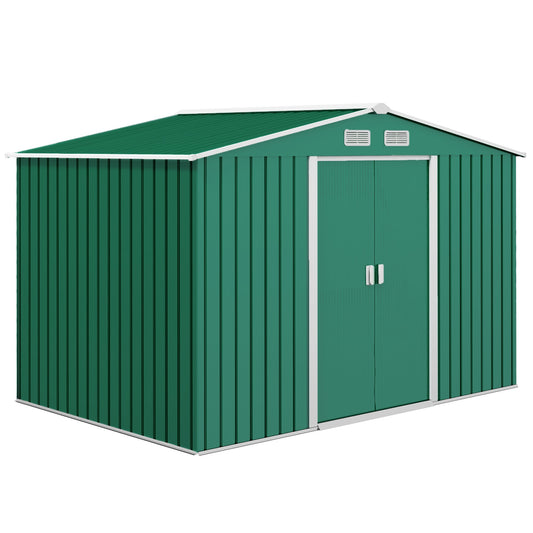 9' x 6' Garden Storage Shed with Foundation Kit, Metal Tool Storage House with Double Doors for Outdoor Patio Yard, Green