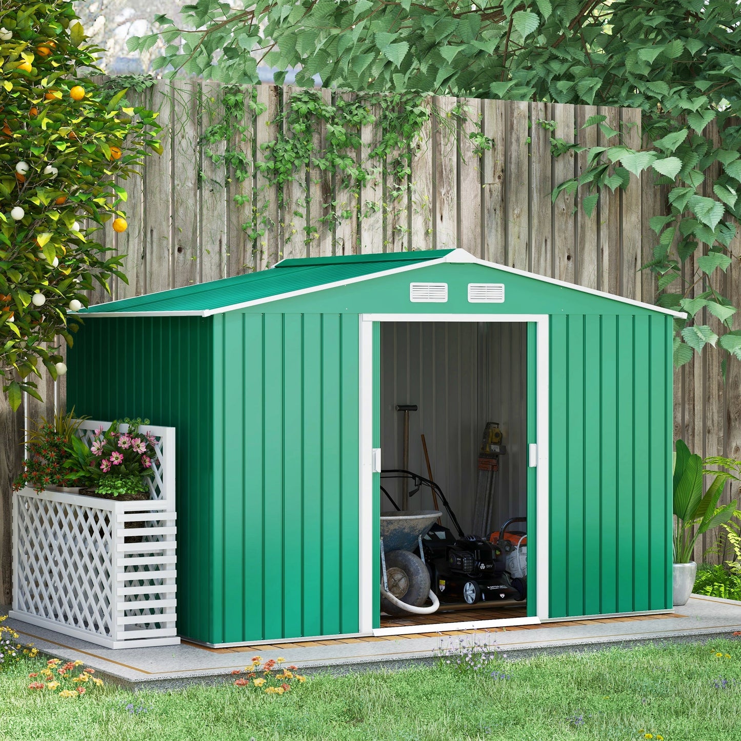 9' x 6' Garden Storage Shed with Foundation Kit, Metal Tool Storage House with Double Doors for Outdoor Patio Yard, Green