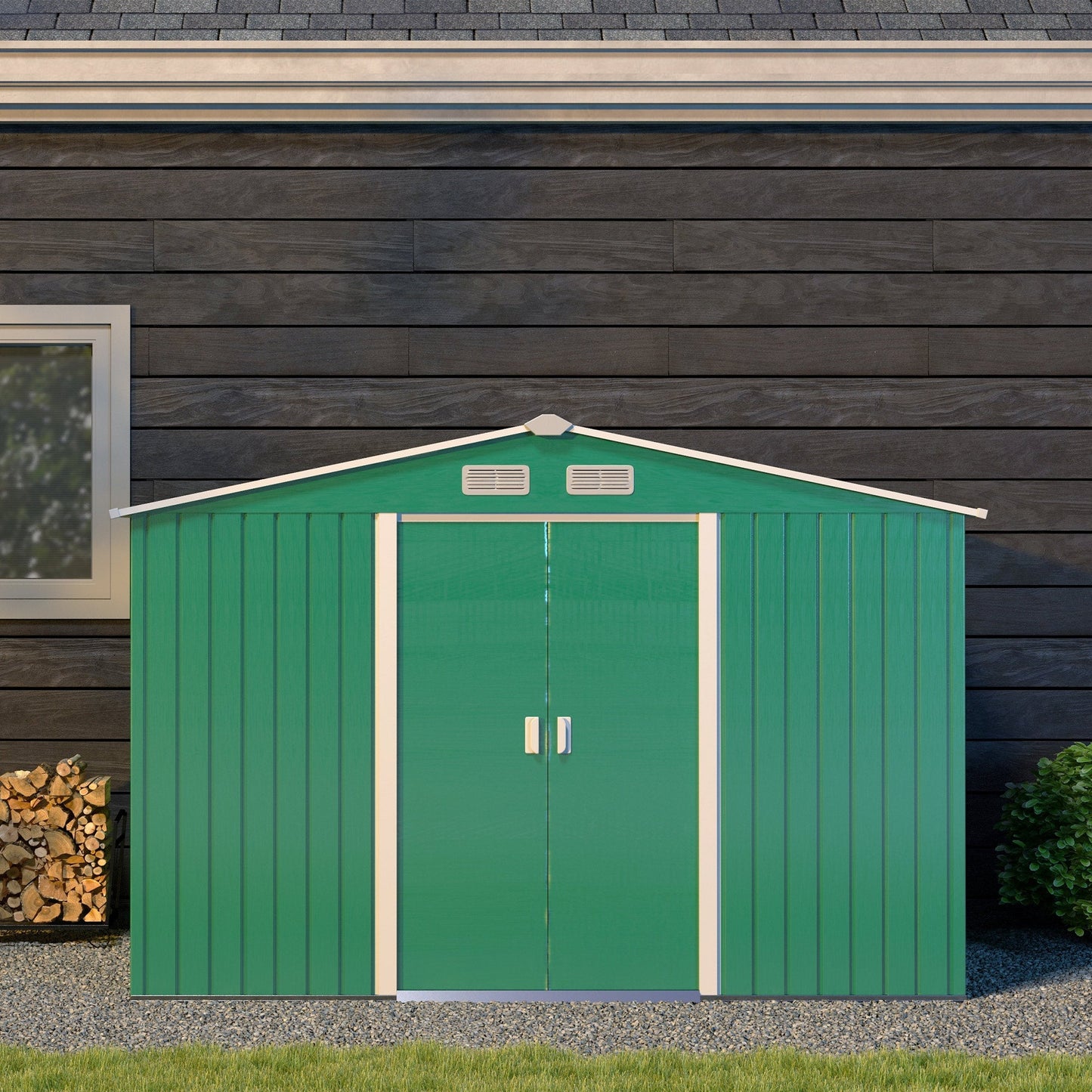 9' x 6' Garden Storage Shed with Foundation Kit, Metal Tool Storage House with Double Doors for Outdoor Patio Yard, Green