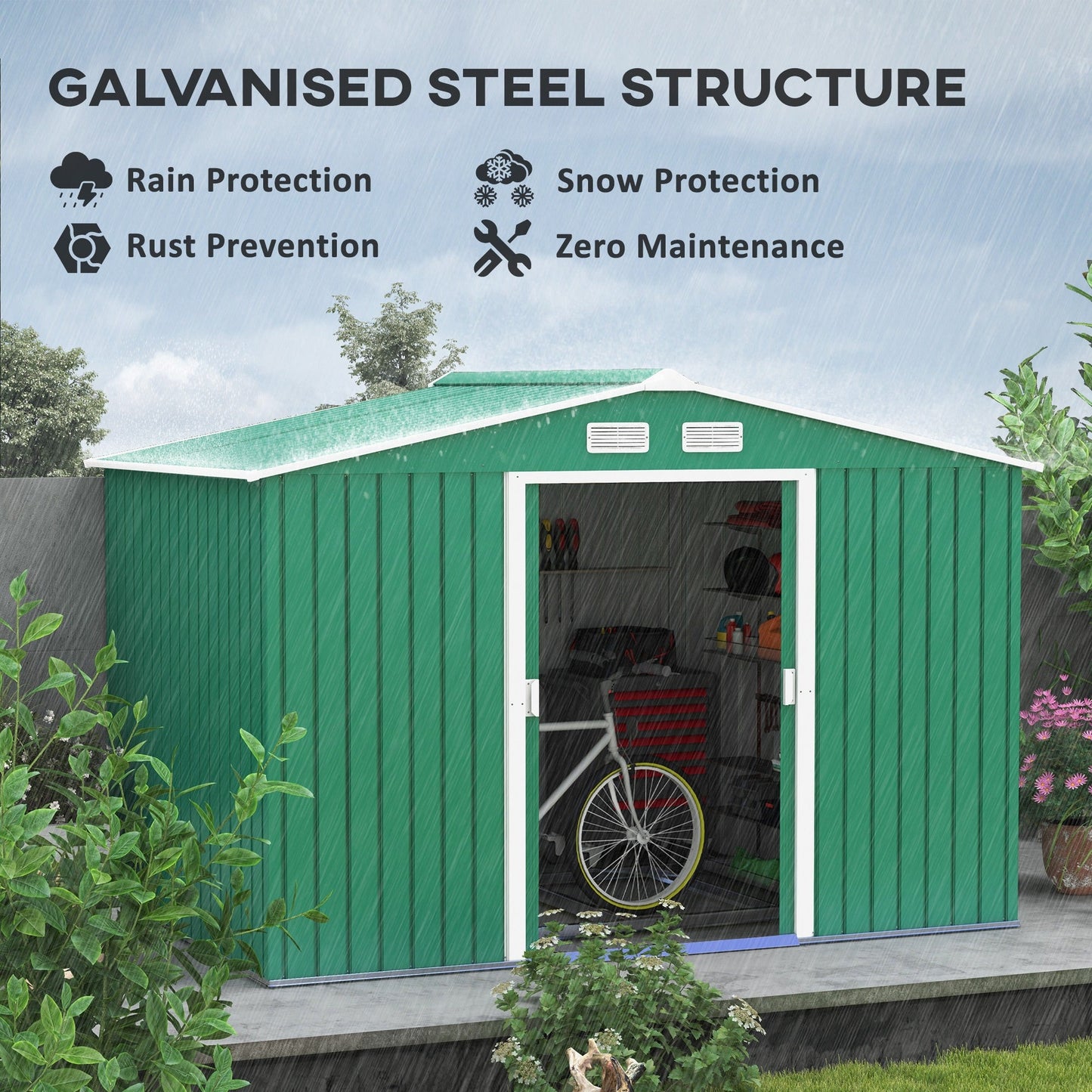 9' x 6' Garden Storage Shed with Foundation Kit, Metal Tool Storage House with Double Doors for Outdoor Patio Yard, Green