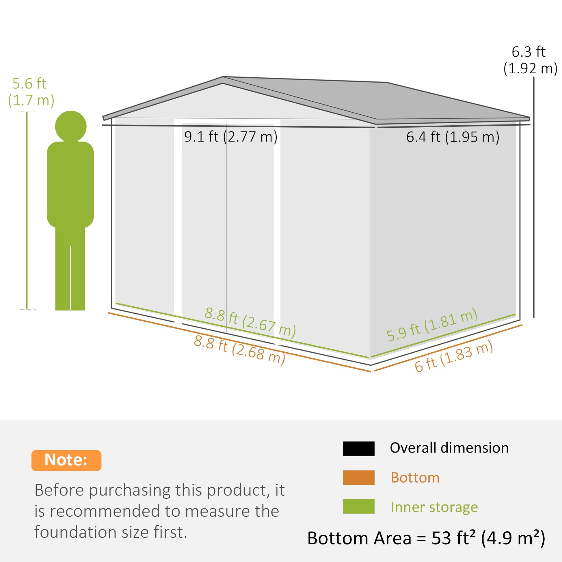 9' x 6' Garden Storage Shed with Foundation Kit, Metal Tool Storage House with Double Doors for Outdoor Patio Yard, Green