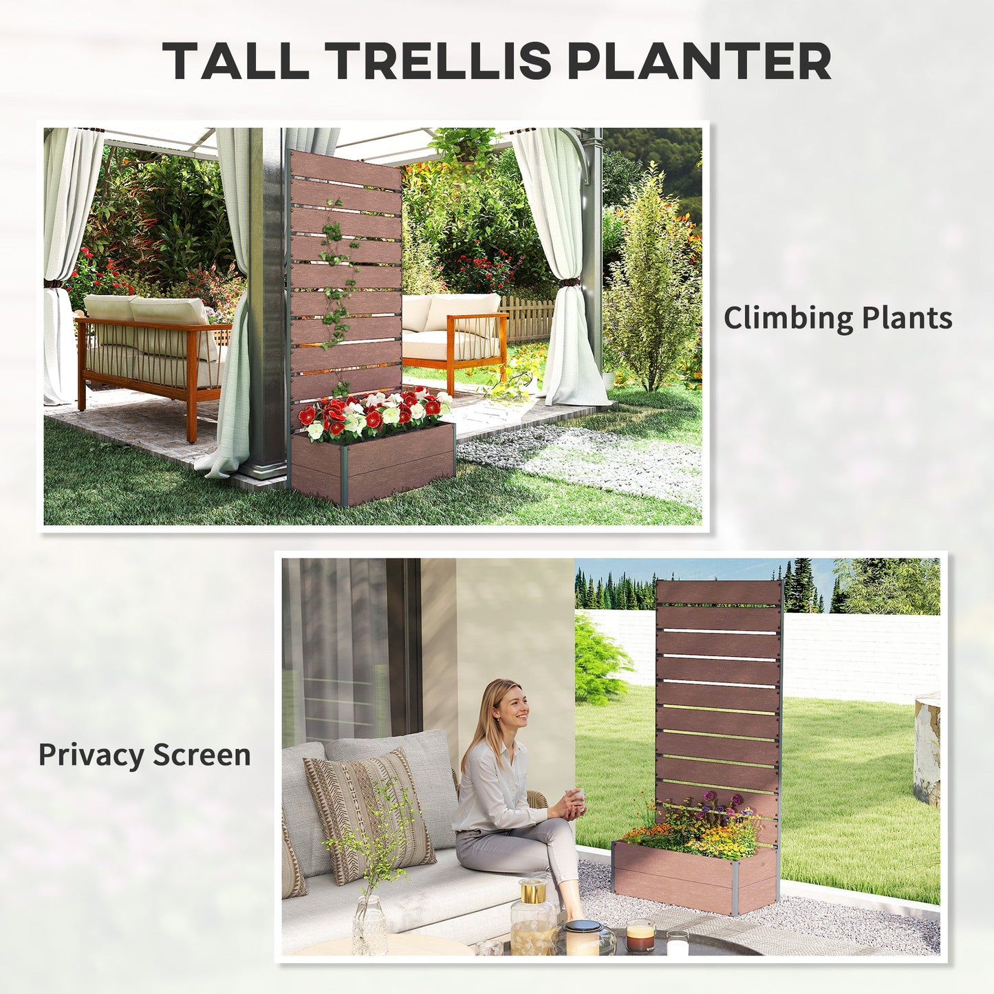 Raised Garden Bed with Trellis for Climbing Plants, 28" x 15" x 59" Planter Box with Self Draining Gap, Freestanding Trellis Planter for Outdoor, Patio, Light Brown