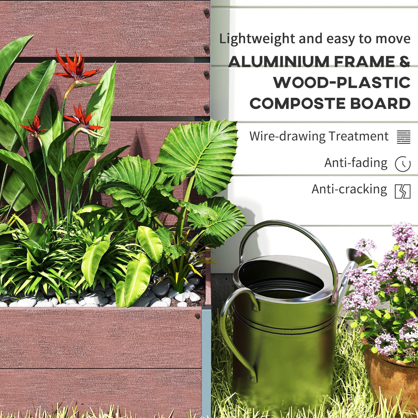 Raised Garden Bed with Trellis for Climbing Plants, 28" x 15" x 59" Planter Box with Self Draining Gap, Freestanding Trellis Planter for Outdoor, Patio, Light Brown