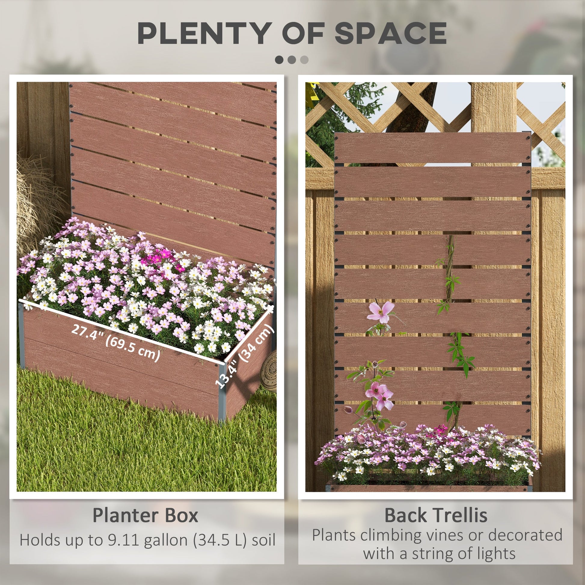 Raised Garden Bed with Trellis for Climbing Plants, 28" x 15" x 59" Planter Box with Self Draining Gap, Freestanding Trellis Planter for Outdoor, Patio, Light Brown