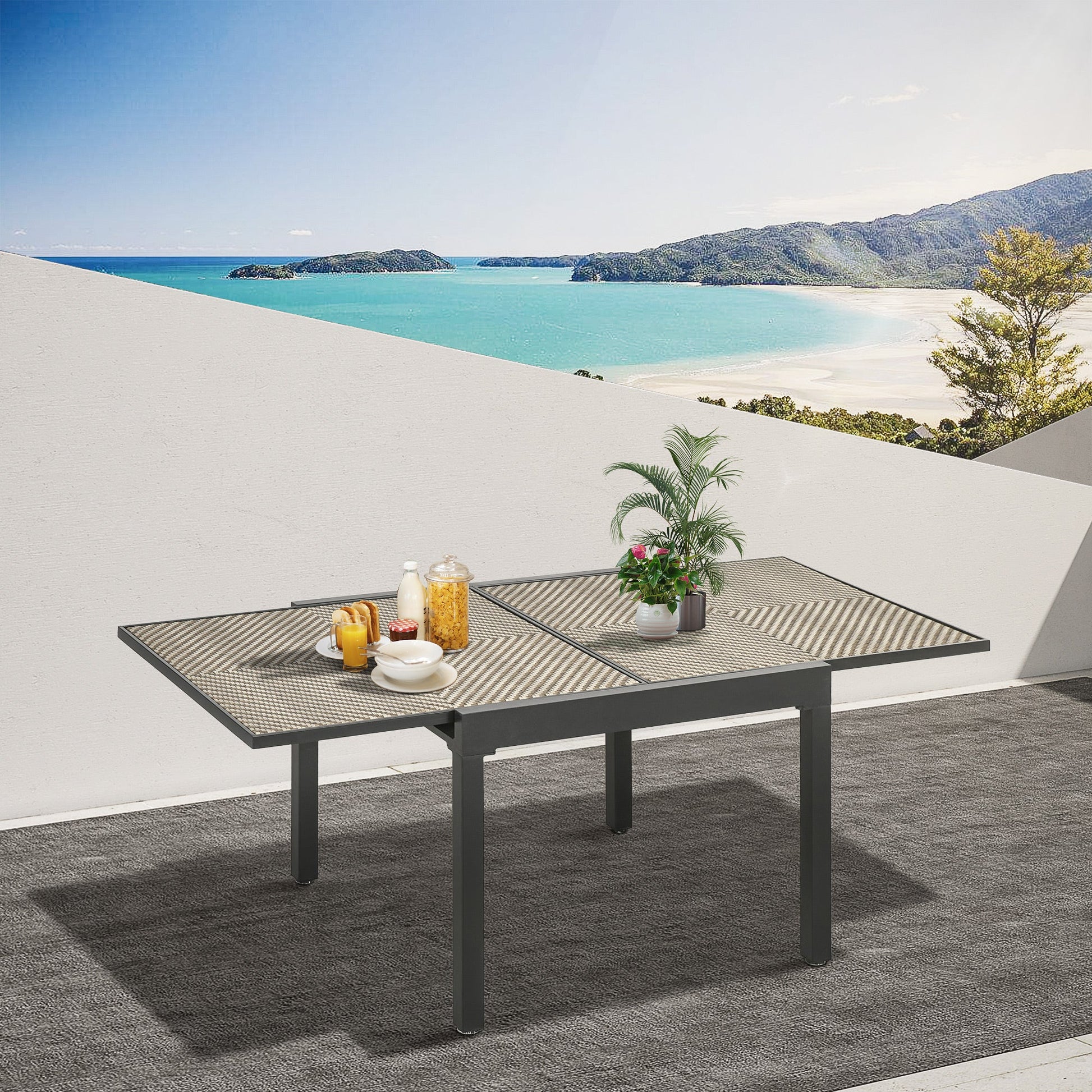 Extendable Rattan Dining Table, 35.4"/70.9" x 35.4" Aluminum Frame Patio Wicker Retractable Table, for 4-8 People, Mixed Brown