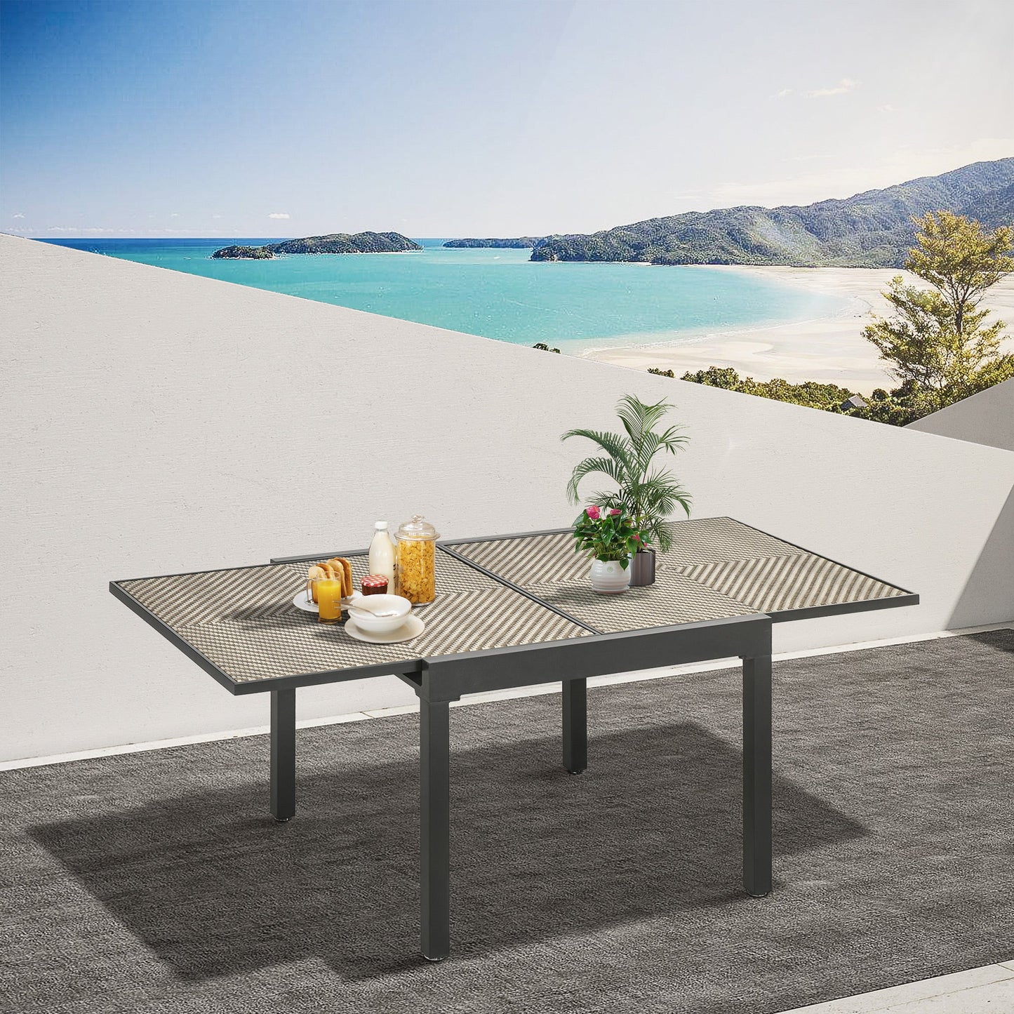 Extendable Rattan Dining Table, 35.4"/70.9" x 35.4" Aluminum Frame Patio Wicker Retractable Table, for 4-8 People, Mixed Brown