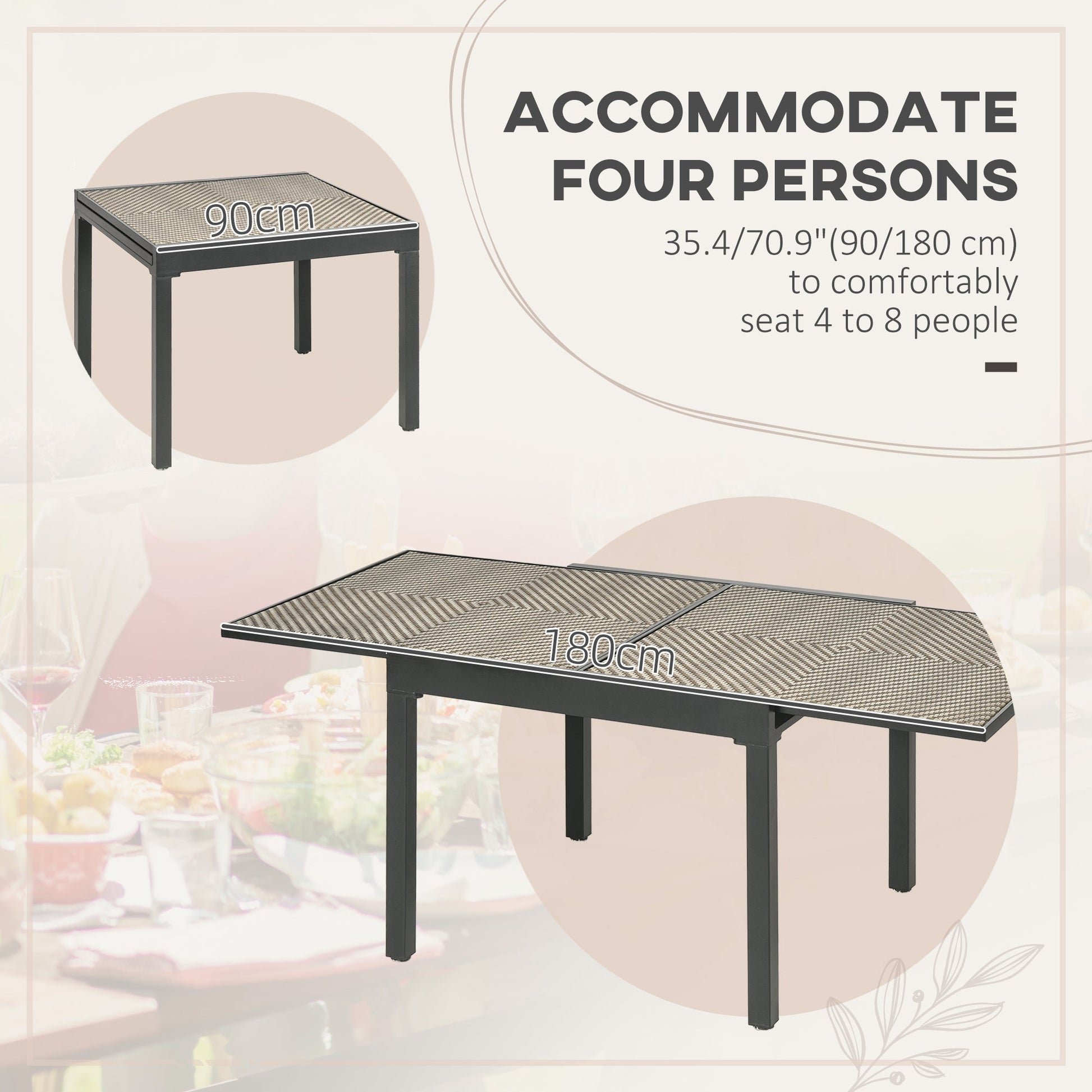 Extendable Rattan Dining Table, 35.4"/70.9" x 35.4" Aluminum Frame Patio Wicker Retractable Table, for 4-8 People, Mixed Brown