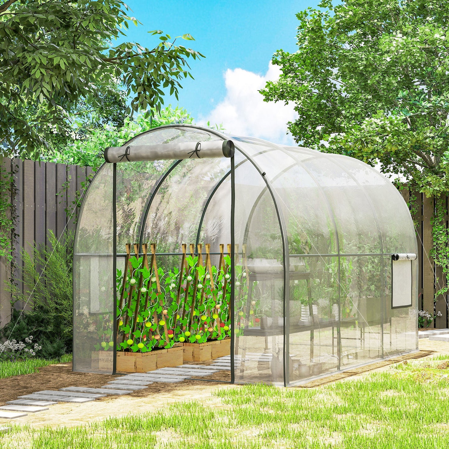 3 x 2 x 2 m Polytunnel Greenhouse with Roll-up Door and Mesh Window, Walk-in Grow House Tent with Plastic Cover and Steel Frame, Clear
