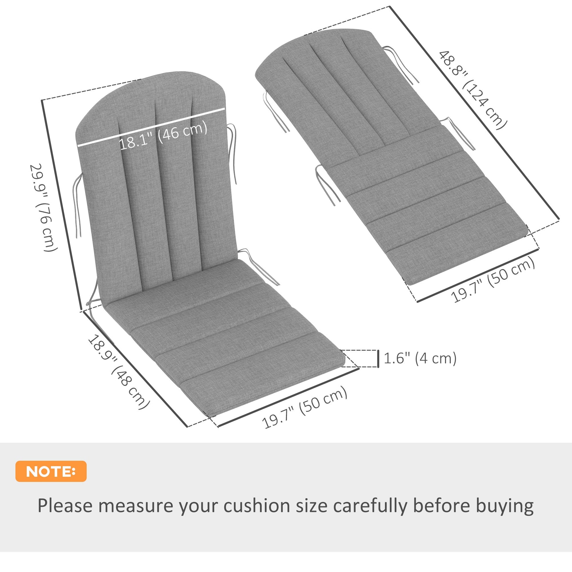 Adirondack Chair Cushion Set of 4, Outdoor Chair Cushions, High Back Patio Chair Cushions with Ties, Non-Slip Replacement Seat Cushion for Patio Furniture, Grey
