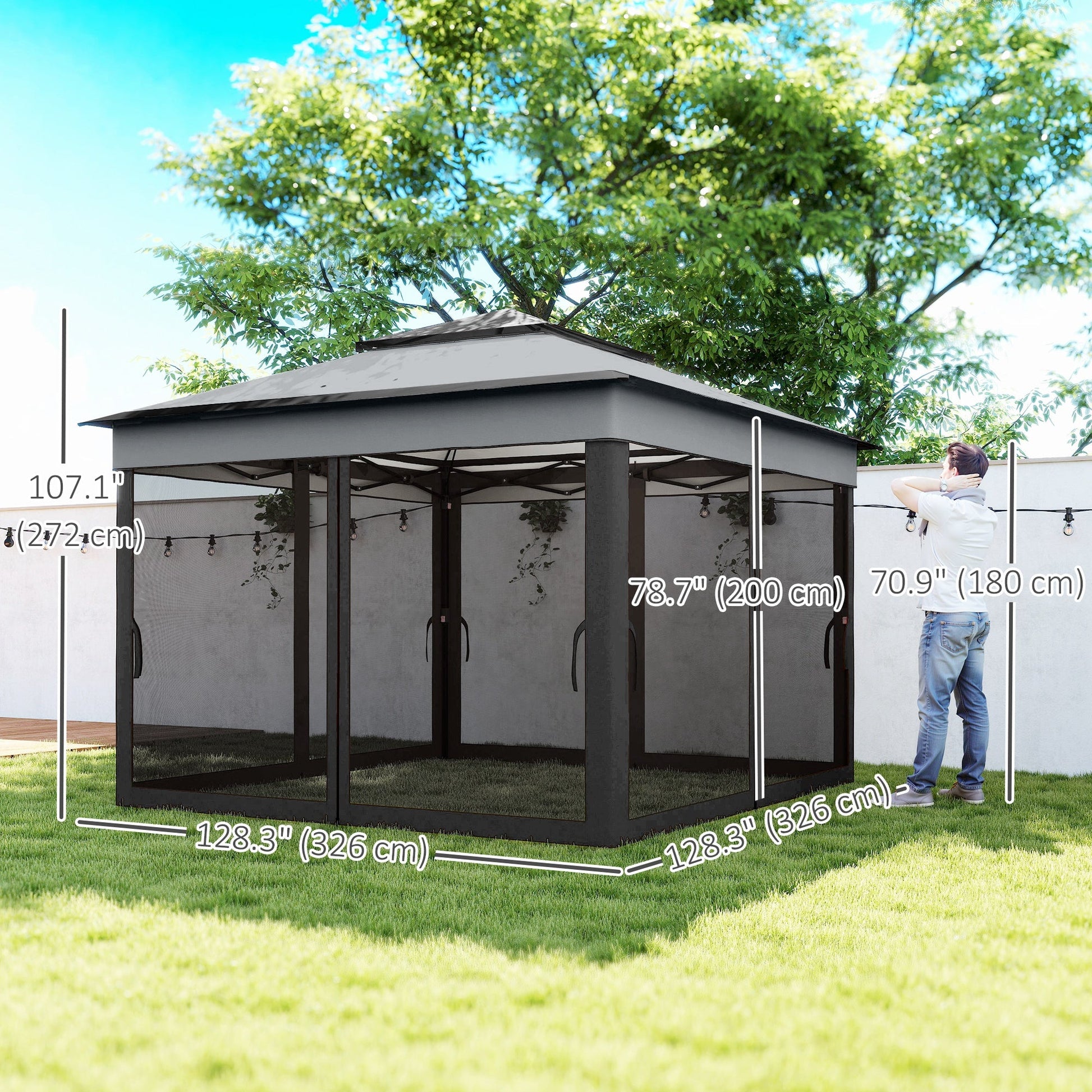 10.7 x 10.7ft Pop Up Camping Gazebo, Height Adjustable Instant Sun Shelter with UV30+ Roof Cover, Removable Mesh Curtains and Carrying Bag for Patio, Backyard, Dark Grey