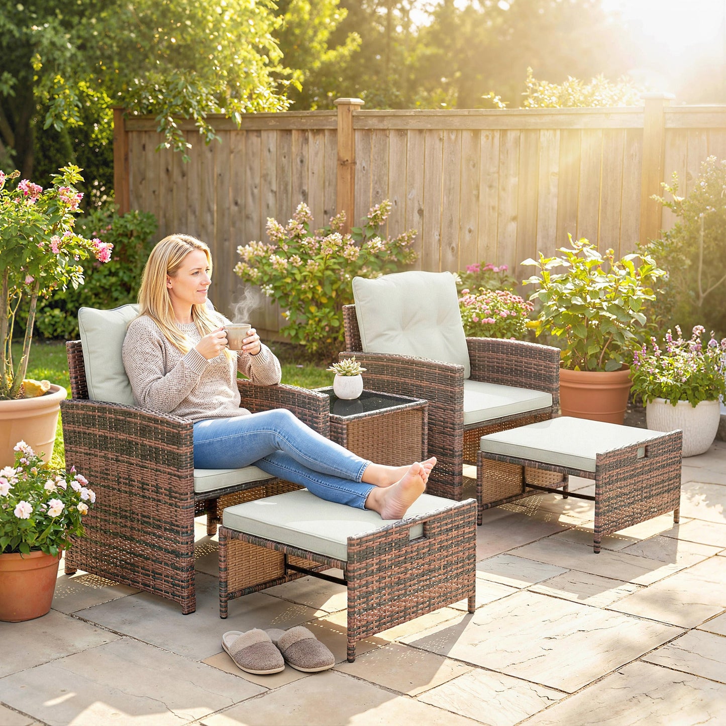 5 Piece Patio Furniture Set, Wicker Patio Chairs with Ottomans, 2-Tier Glass Coffee Table, Cushions, Outdoor Patio Furniture Conversation Set for Balcony, Brown/Cream