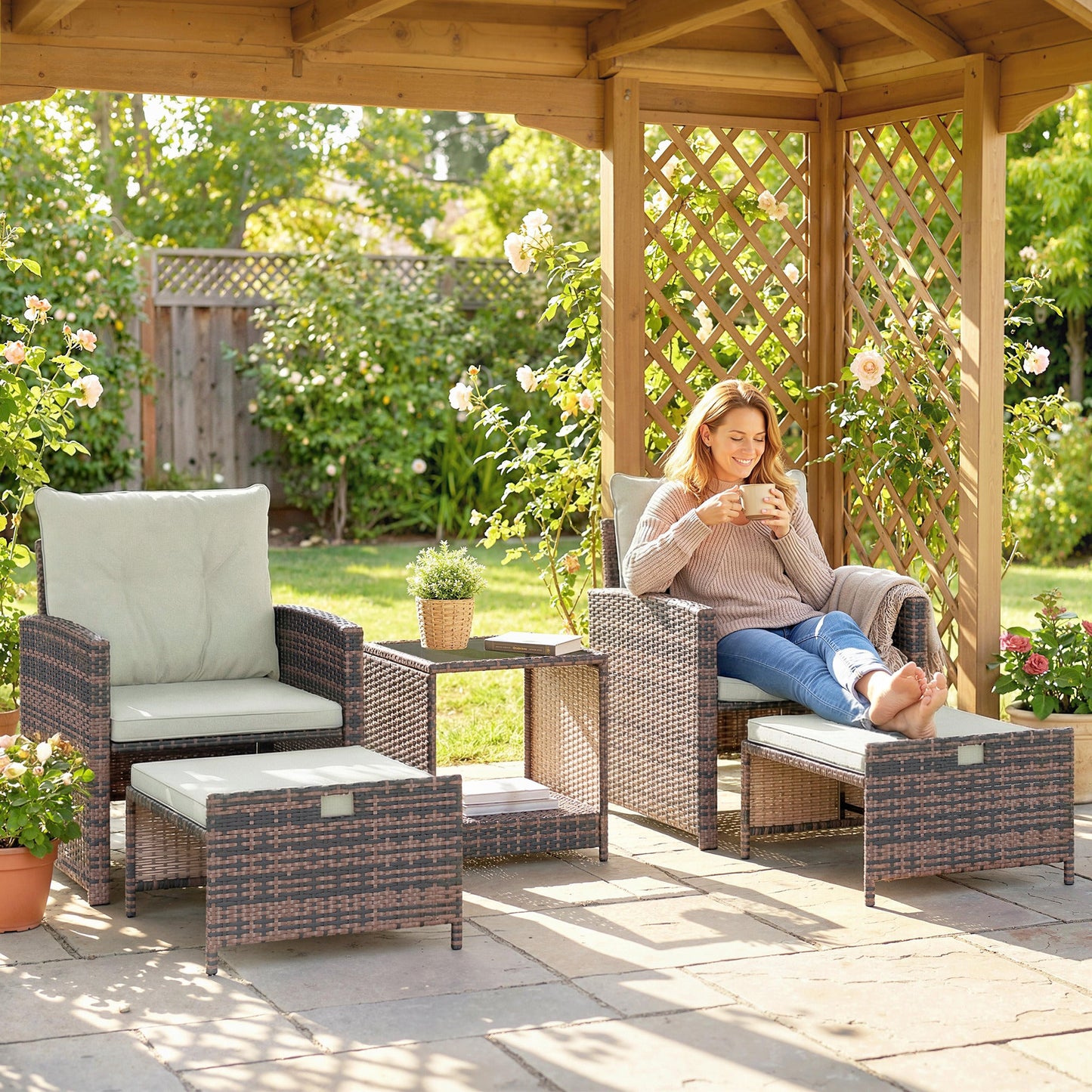 5 Piece Patio Furniture Set, Wicker Patio Chairs with Ottomans, 2-Tier Glass Coffee Table, Cushions, Outdoor Patio Furniture Conversation Set for Balcony, Brown/Cream