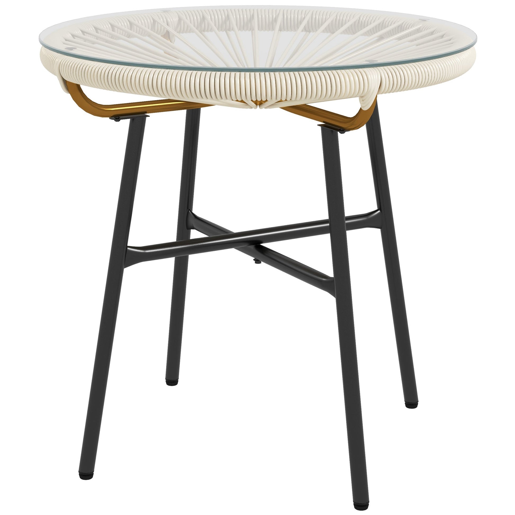 Rattan Side Table, Outdoor Round Coffee Table, with Round PE Rattan and Tempered Glass Tabletop for Patio, Garden, Balcony, Cream White