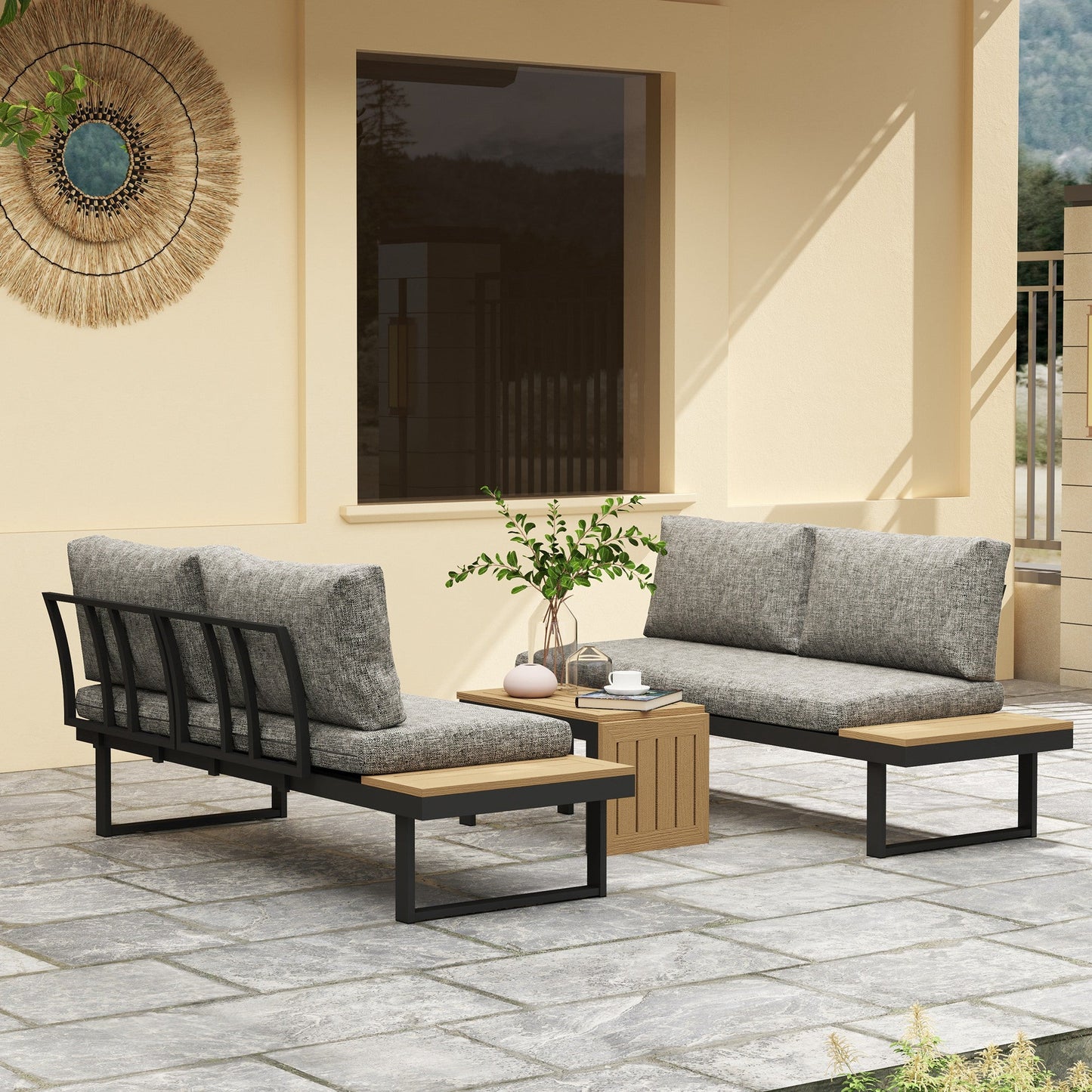 3 Pieces Sectional Patio Furniture Set with 2 Loveseats, WPC Coffee Table, L Shaped Aluminum Outdoor Furniture Sofa Set with Removable Backs, Thick Cushions, Light Grey
