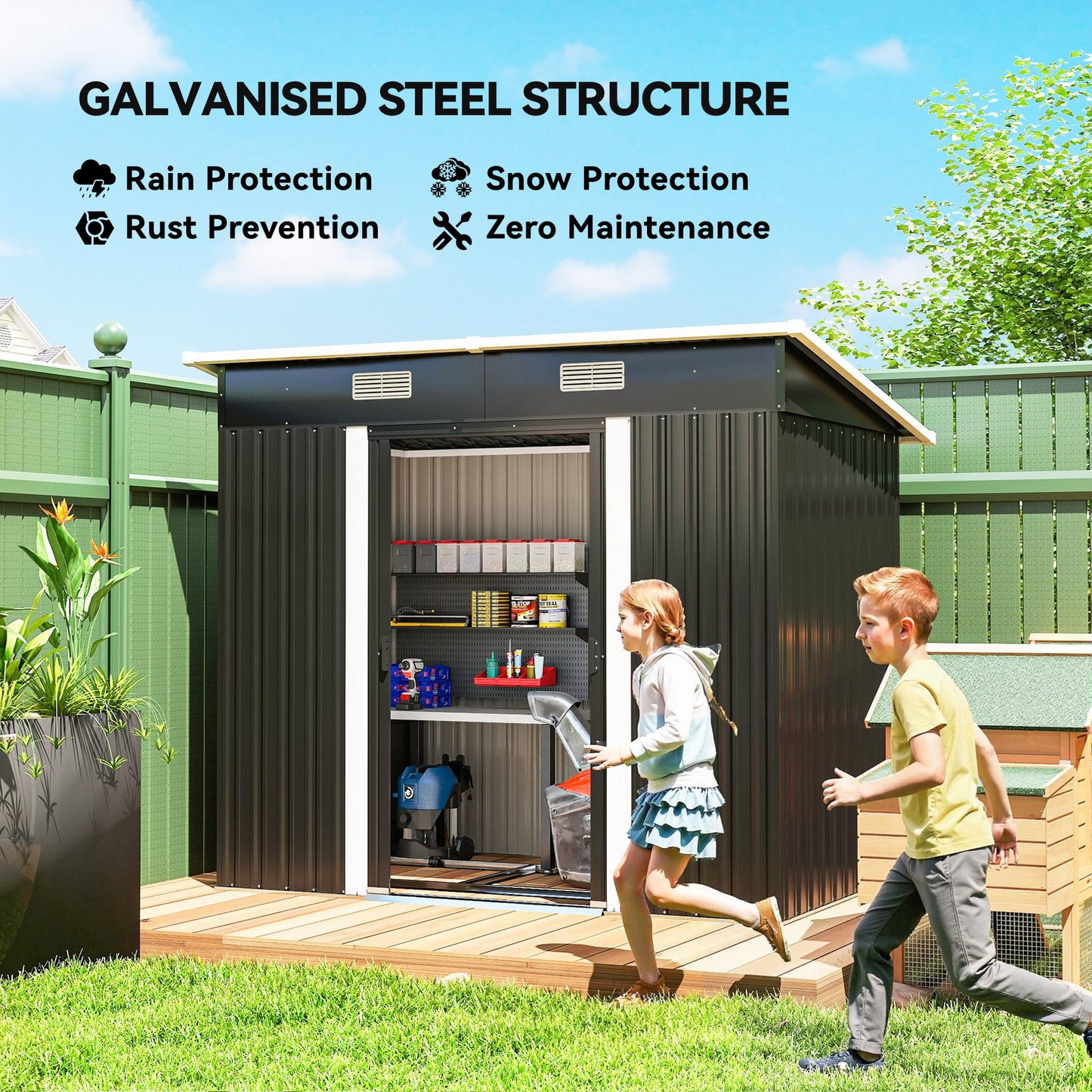 7'x 4' Outdoor Storage Shed, Metal Garden Shed with Lockable Double Doors, Foundation Kit and Vents for Patio, Backyard, Tool Storage, Black