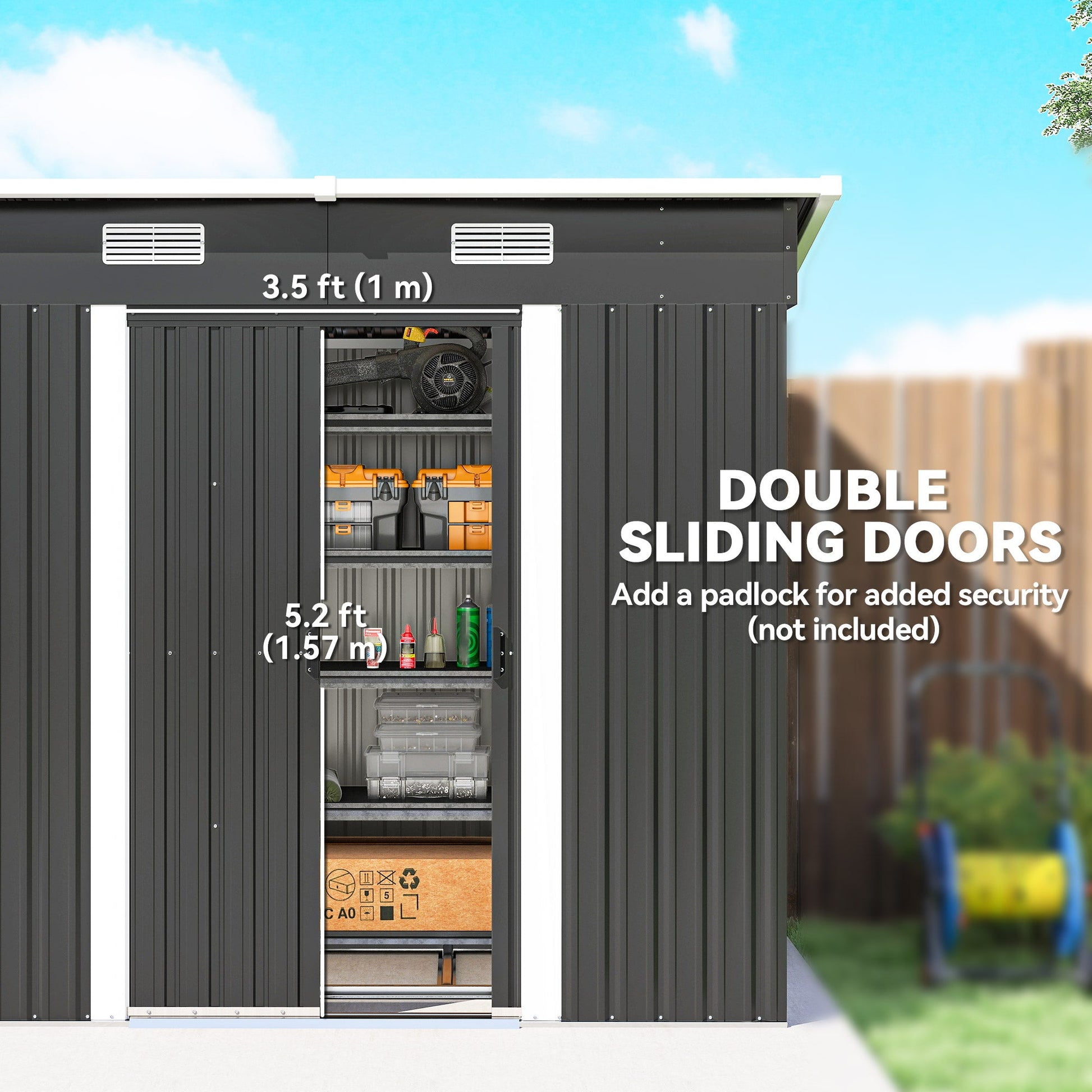7'x 4' Outdoor Storage Shed, Metal Garden Shed with Lockable Double Doors, Foundation Kit and Vents for Patio, Backyard, Tool Storage, Black