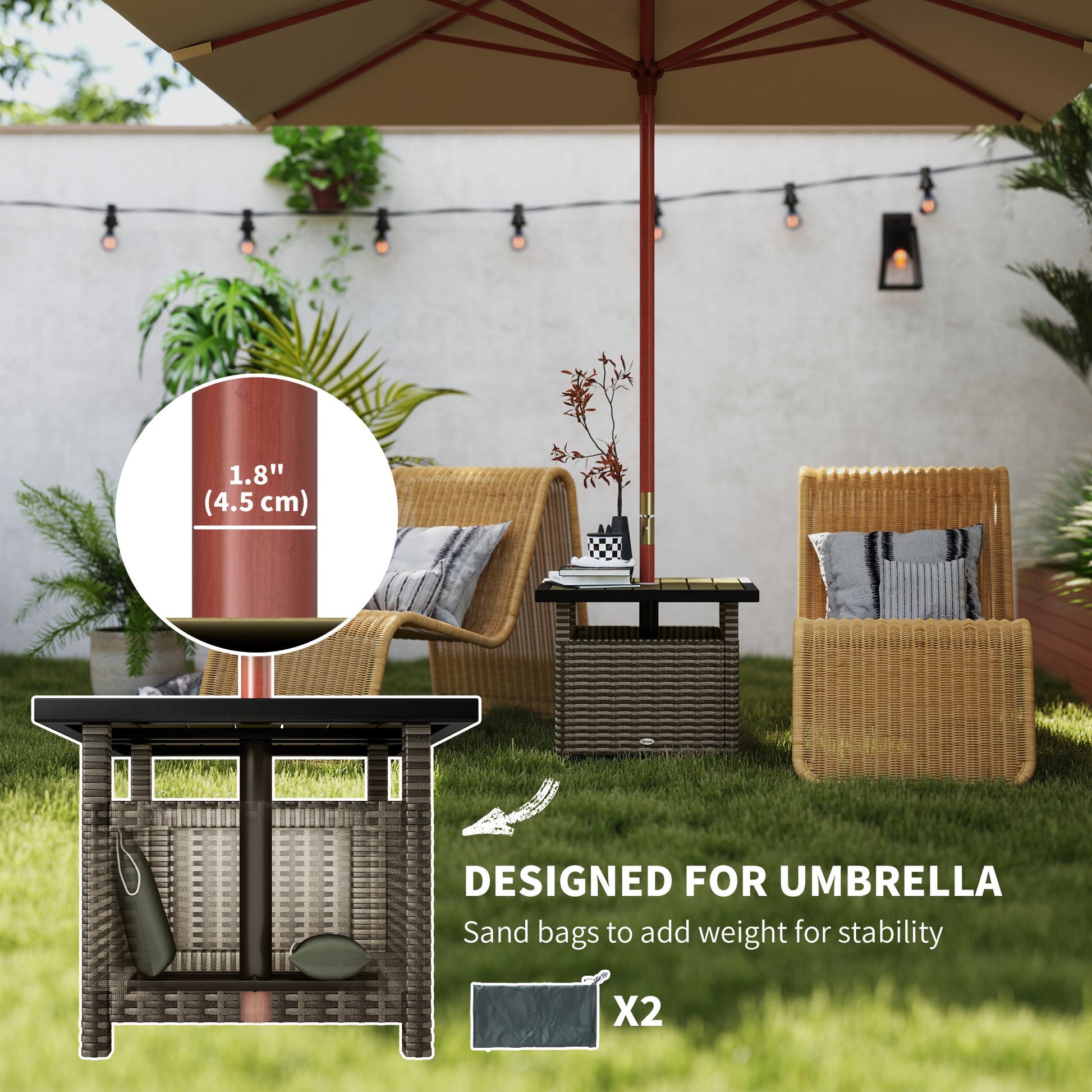22" Square Steel PE Rattan Wicker Table With Umbrella Hole, Outdoor Patio Accent Dining Side Table Used as Umbrella Stand, Mixed-Grey