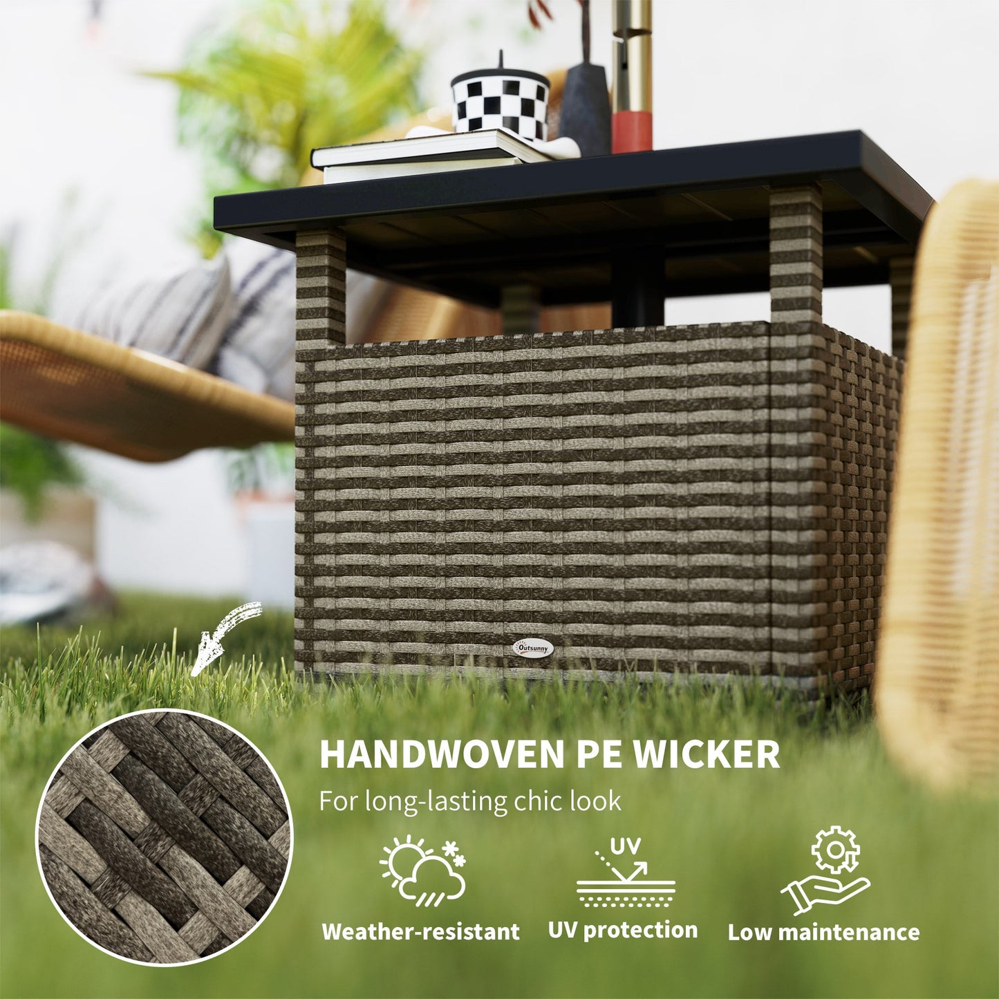 22" Square Steel PE Rattan Wicker Table With Umbrella Hole, Outdoor Patio Accent Dining Side Table Used as Umbrella Stand, Mixed-Grey