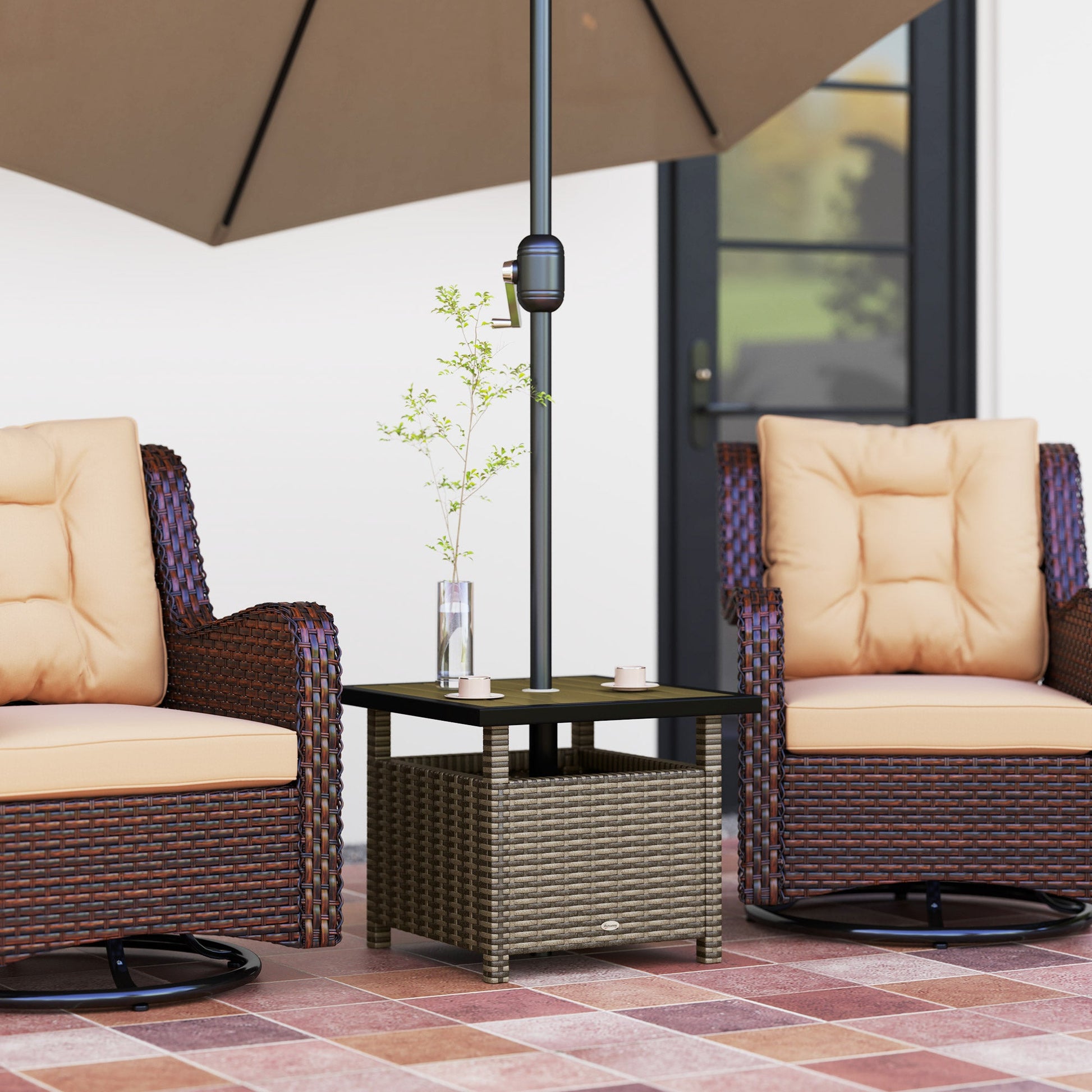 22" Square Steel PE Rattan Wicker Table With Umbrella Hole, Outdoor Patio Accent Dining Side Table Used as Umbrella Stand, Mixed-Grey