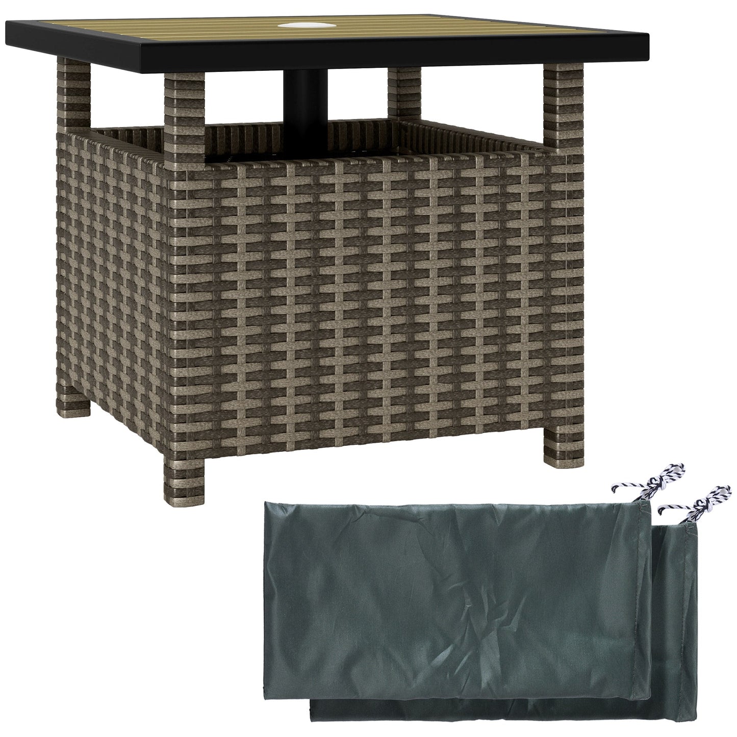 22" Square Steel PE Rattan Wicker Table With Umbrella Hole, Outdoor Patio Accent Dining Side Table Used as Umbrella Stand, Mixed-Grey