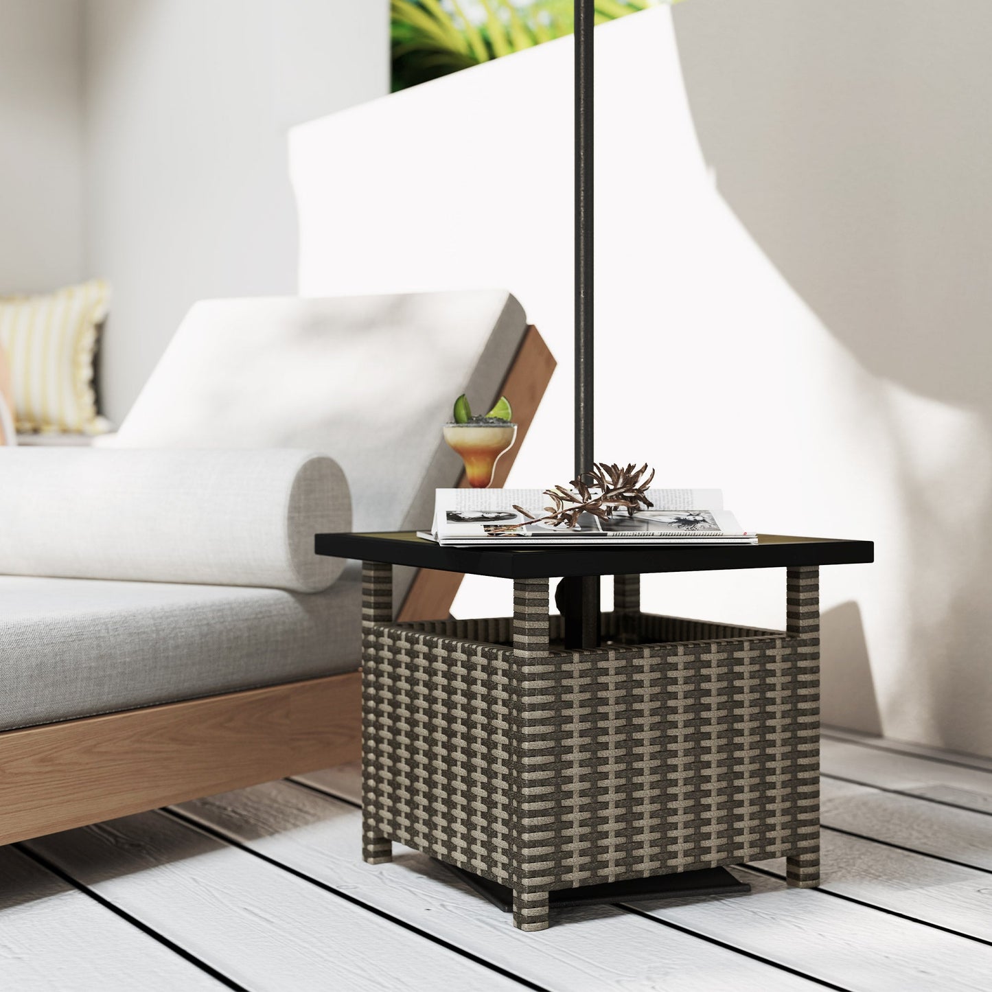 22" Square Steel PE Rattan Wicker Table With Umbrella Hole, Outdoor Patio Accent Dining Side Table Used as Umbrella Stand, Mixed-Grey