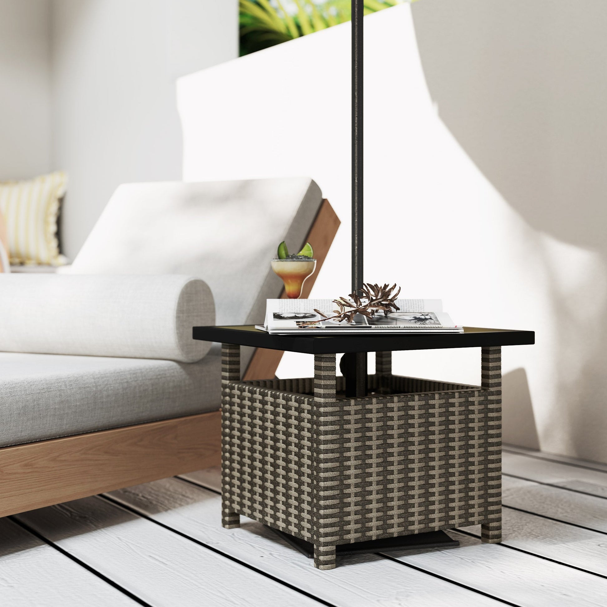 22" Square Steel PE Rattan Wicker Table With Umbrella Hole, Outdoor Patio Accent Dining Side Table Used as Umbrella Stand, Mixed-Grey