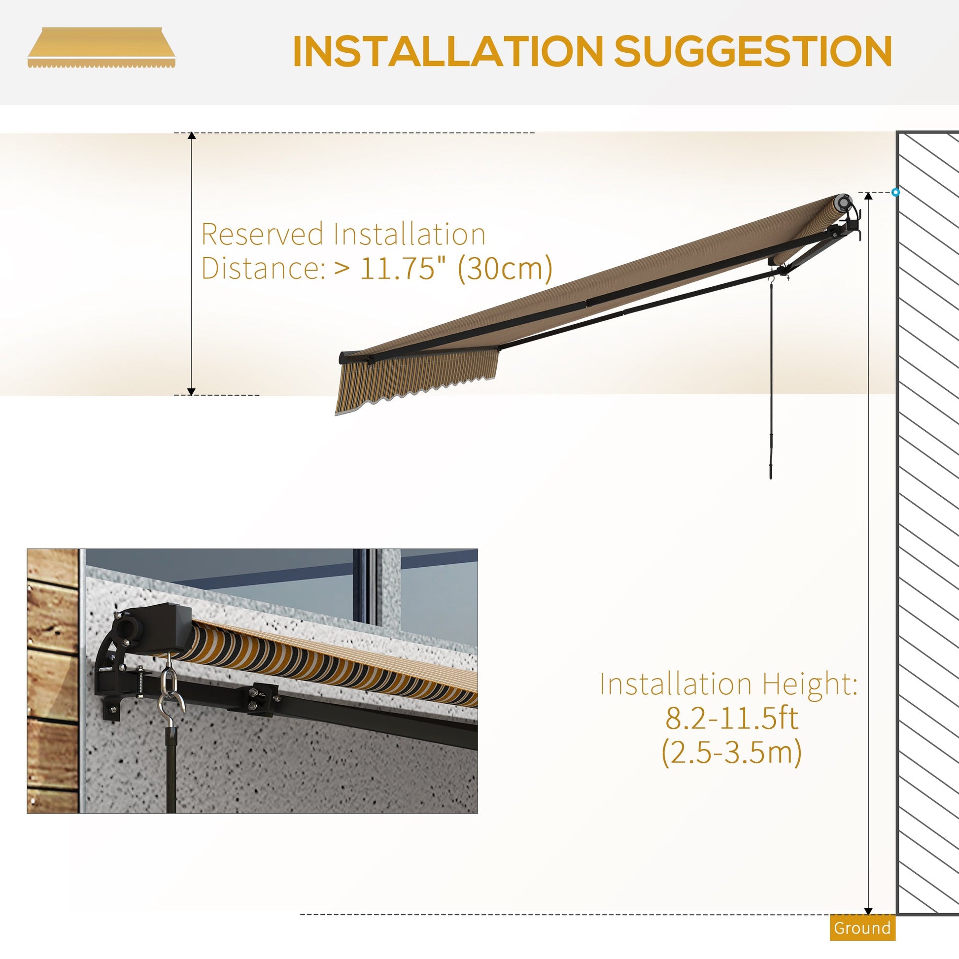  13' x 10' Retractable Awning, Patio Awning Sunshade Shelter with Manual Crank Handle, 280gsm UV Resistant Fabric and Aluminum Frame, for Balcony, Yard, Amber/Dark Grey
