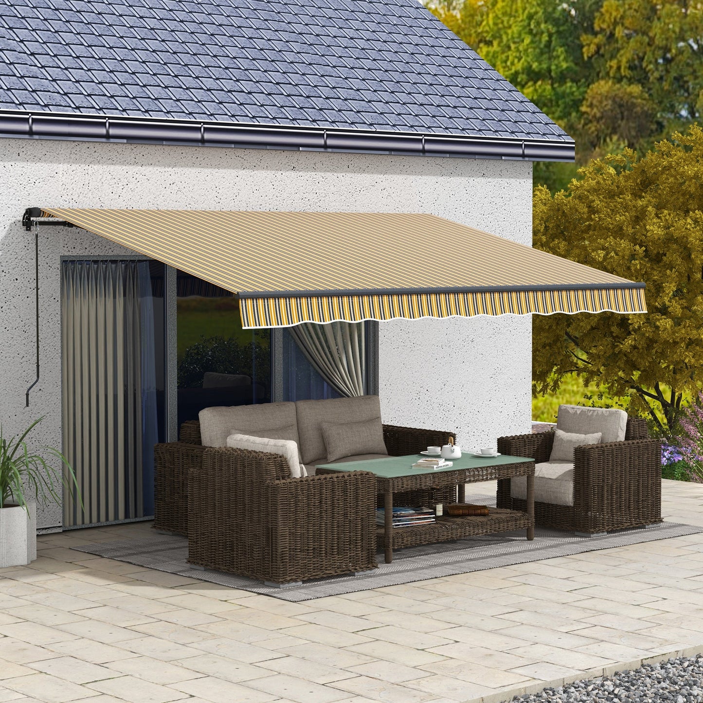  13' x 10' Retractable Awning, Patio Awning Sunshade Shelter with Manual Crank Handle, 280gsm UV Resistant Fabric and Aluminum Frame, for Balcony, Yard, Amber/Dark Grey