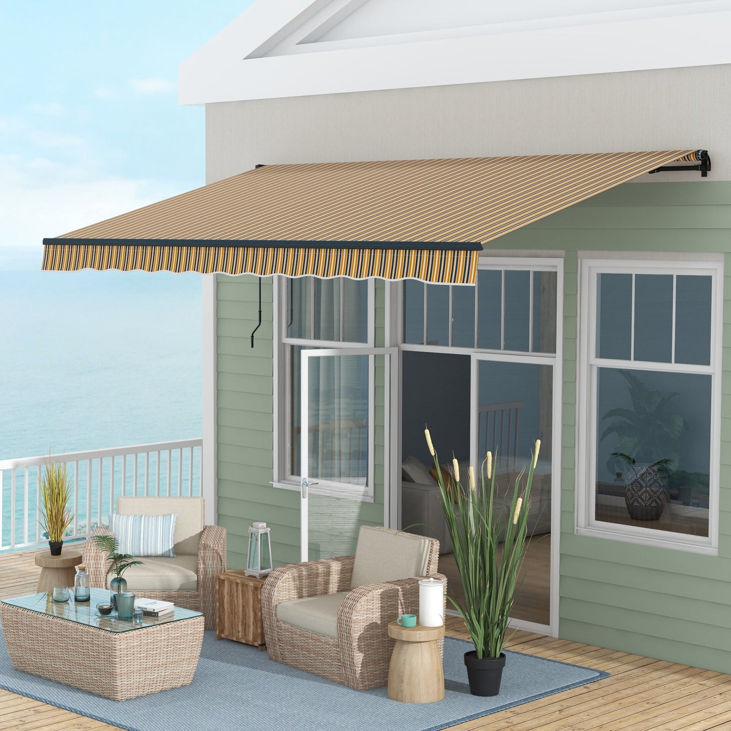  13' x 10' Retractable Awning, Patio Awning Sunshade Shelter with Manual Crank Handle, 280gsm UV Resistant Fabric and Aluminum Frame, for Balcony, Yard, Amber/Dark Grey