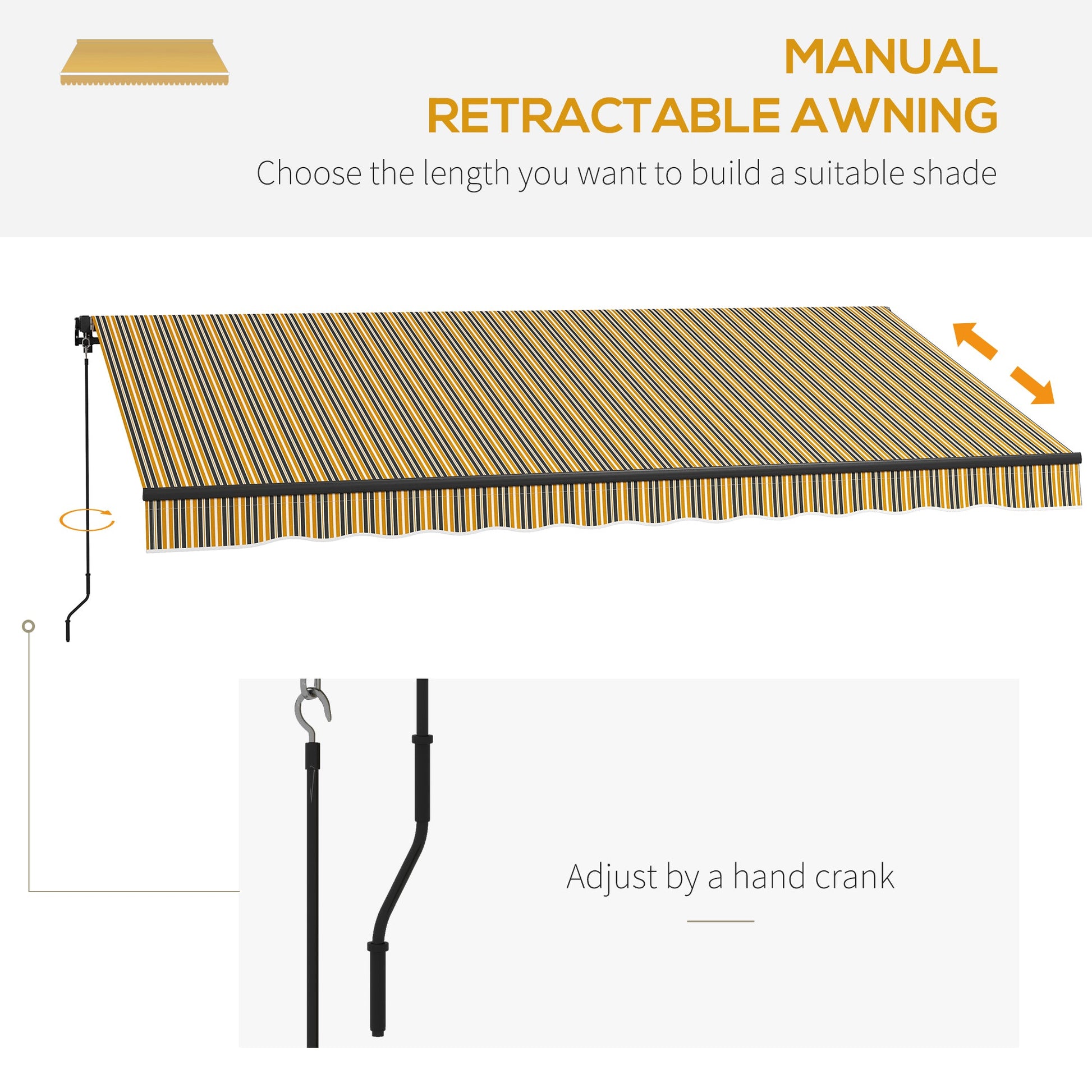  13' x 10' Retractable Awning, Patio Awning Sunshade Shelter with Manual Crank Handle, 280gsm UV Resistant Fabric and Aluminum Frame, for Balcony, Yard, Amber/Dark Grey