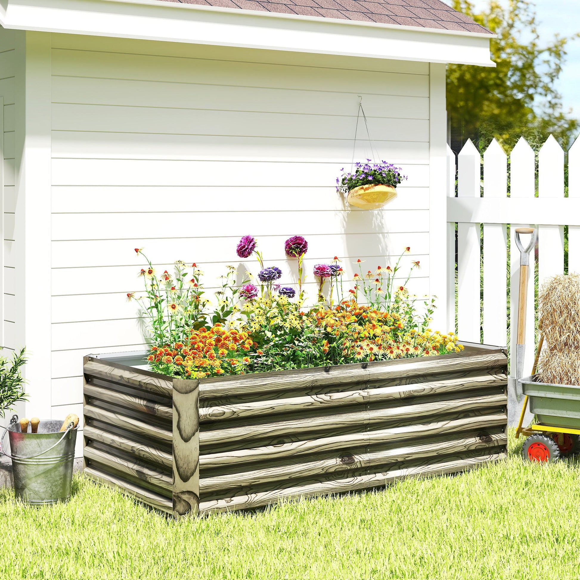 Galvanized Raised Garden Bed, 6' x 3' x 2' Outdoor Metal Planter Box, Standing Raised Bed for Growing Flowers, Herbs and Vegetables, Light Wood Effect