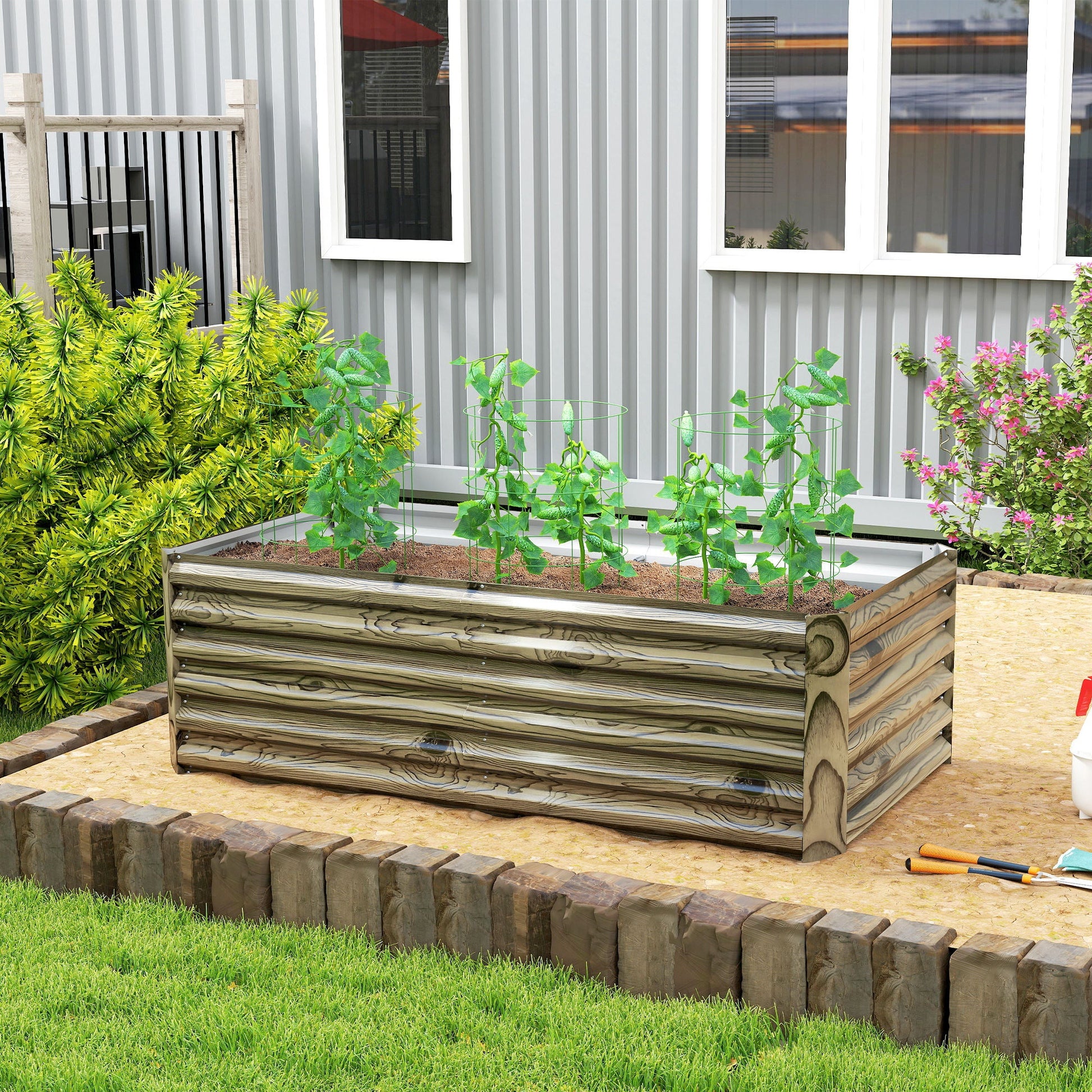 Galvanized Raised Garden Bed, 6' x 3' x 2' Outdoor Metal Planter Box, Standing Raised Bed for Growing Flowers, Herbs and Vegetables, Light Wood Effect