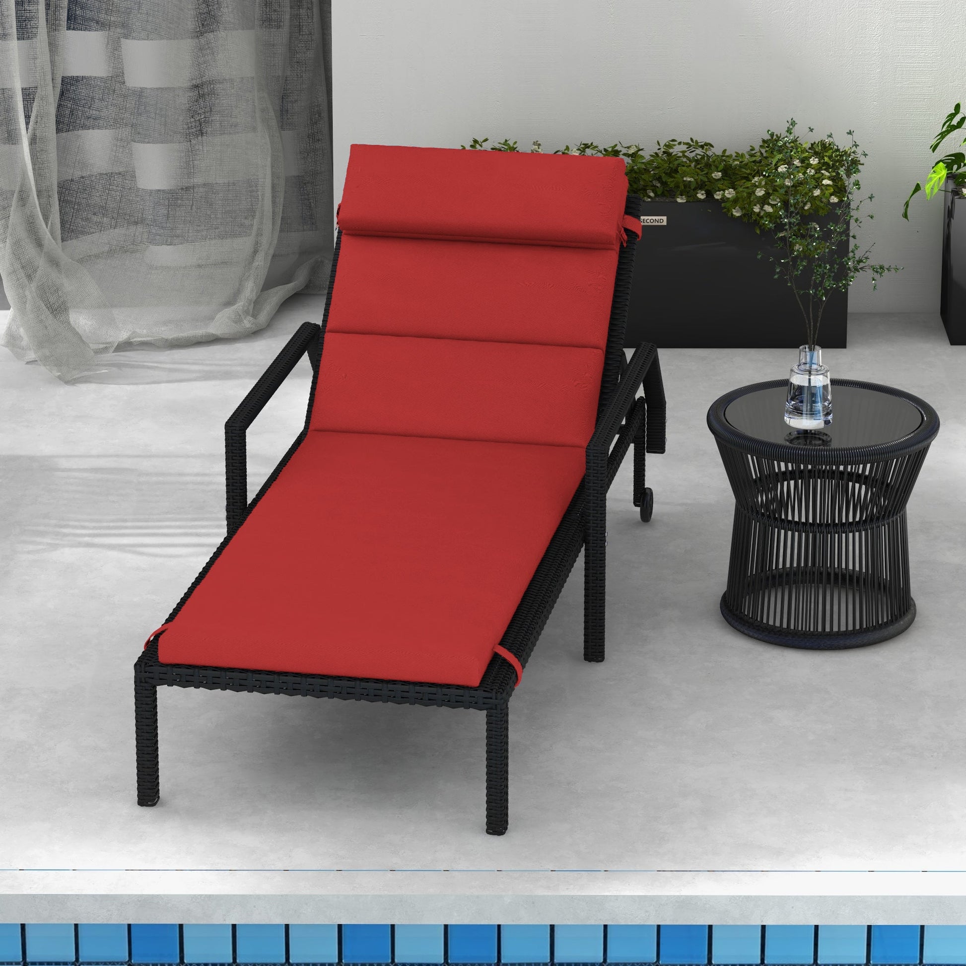 Outdoor Lounge Chair Cushion, Patio Chaise Lounge Cushion with Headrest and Ties, Water Resistant Replacement Sun Lounger Seat Pads, Wine Red