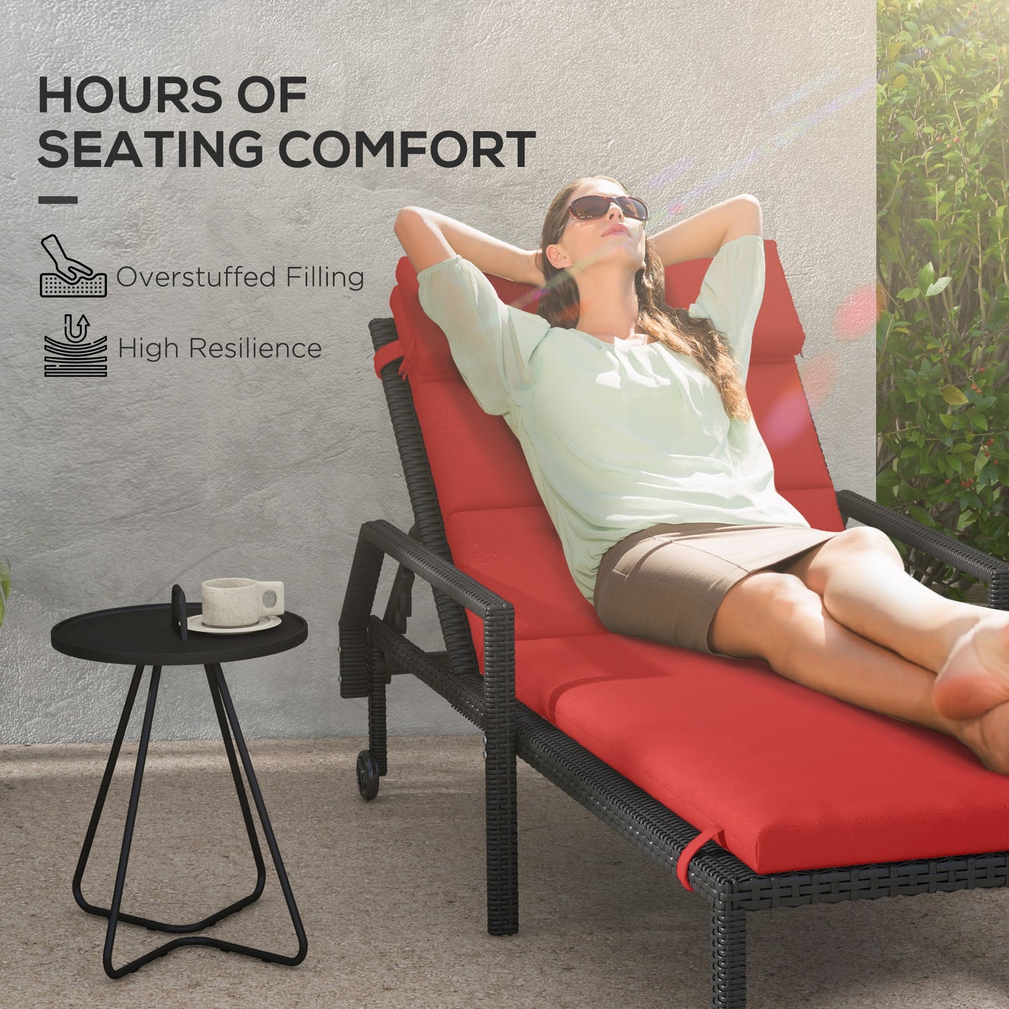 Outdoor Lounge Chair Cushion, Patio Chaise Lounge Cushion with Headrest and Ties, Water Resistant Replacement Sun Lounger Seat Pads, Wine Red