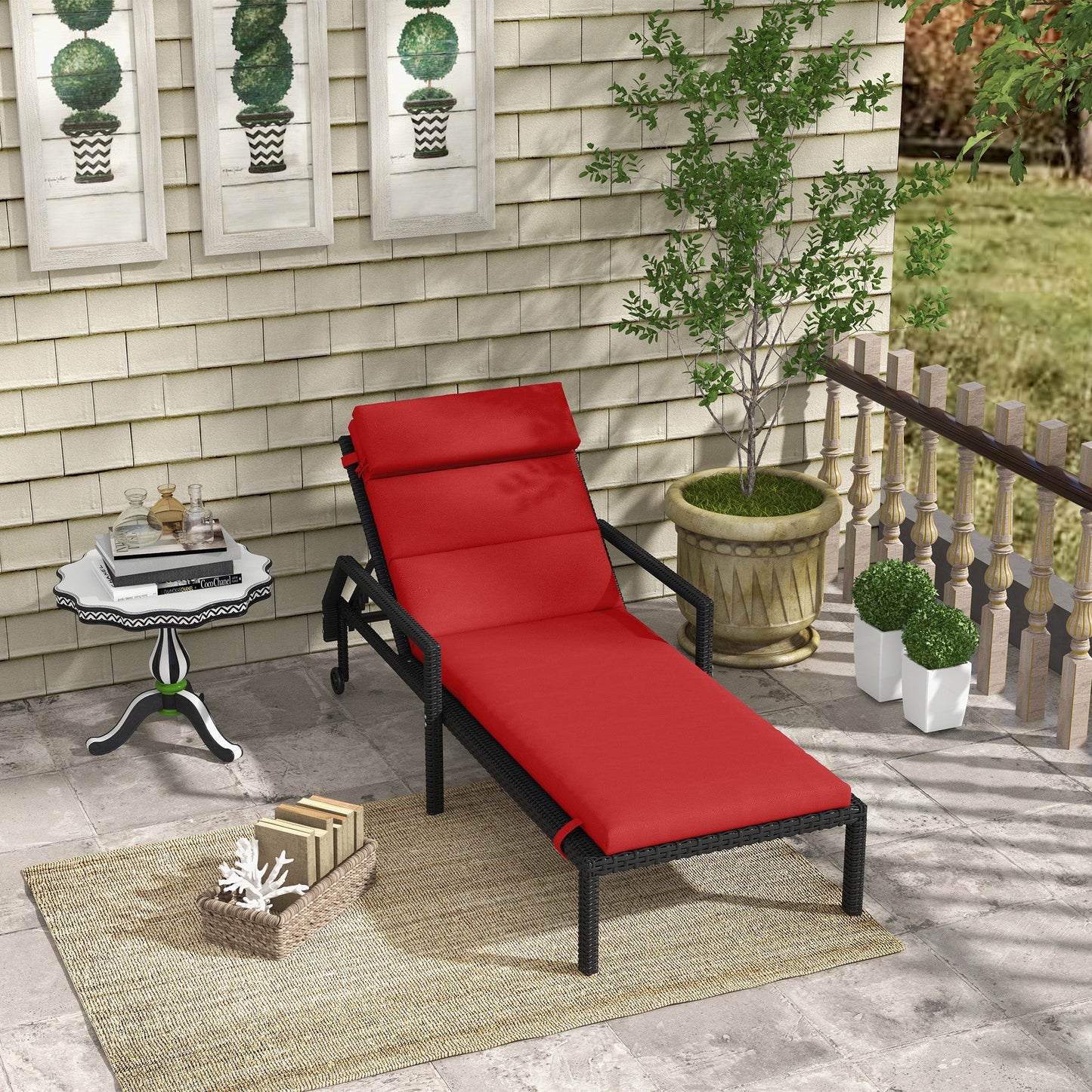 Outdoor Lounge Chair Cushion, Patio Chaise Lounge Cushion with Headrest and Ties, Water Resistant Replacement Sun Lounger Seat Pads, Wine Red