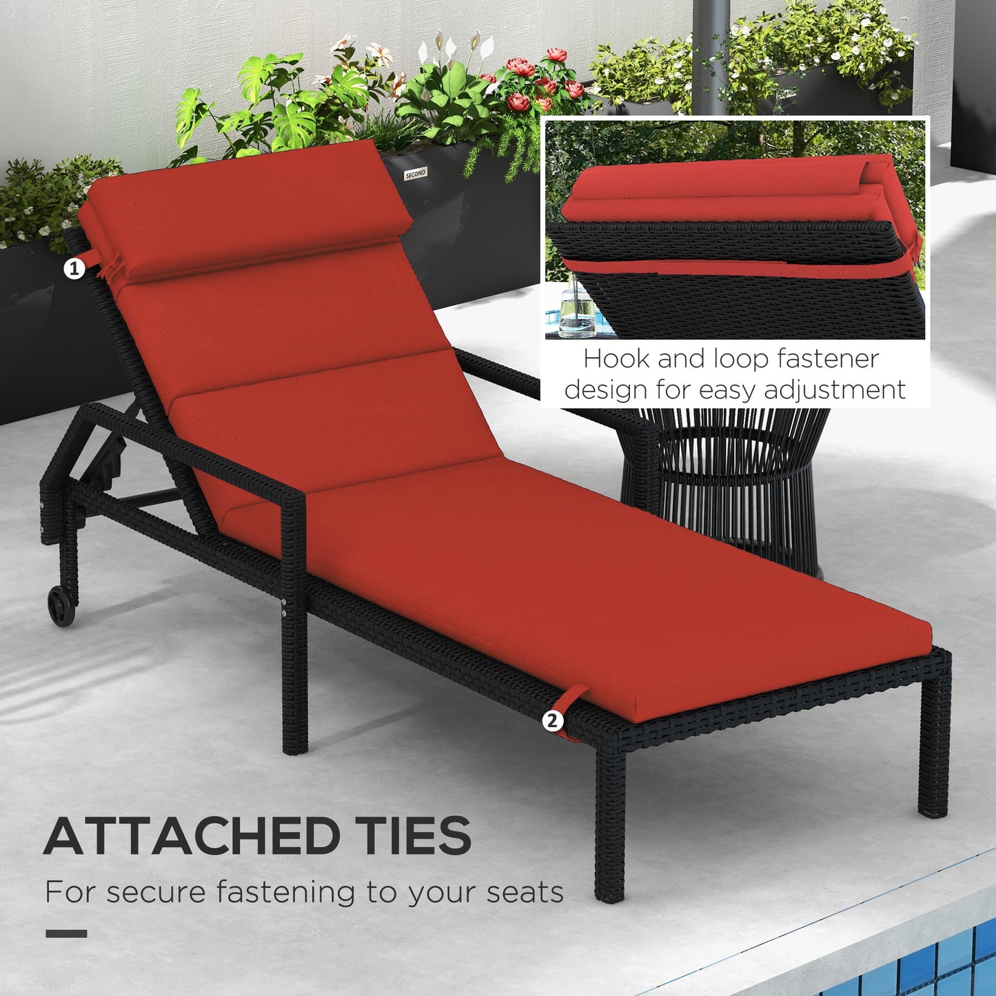 Outdoor Lounge Chair Cushion, Patio Chaise Lounge Cushion with Headrest and Ties, Water Resistant Replacement Sun Lounger Seat Pads, Wine Red