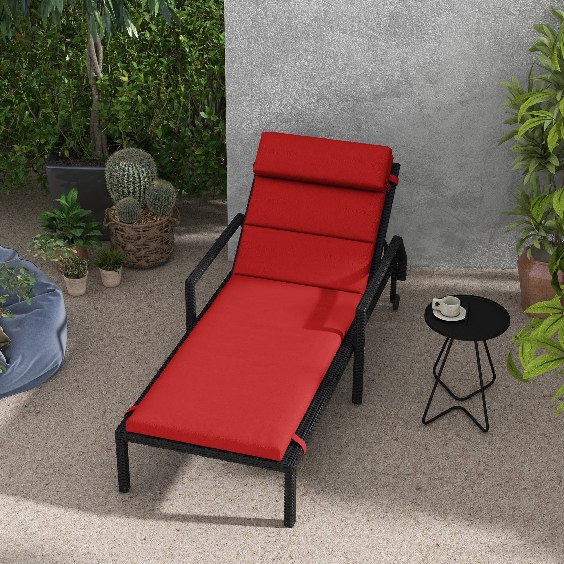 Outdoor Lounge Chair Cushion, Patio Chaise Lounge Cushion with Headrest and Ties, Water Resistant Replacement Sun Lounger Seat Pads, Wine Red