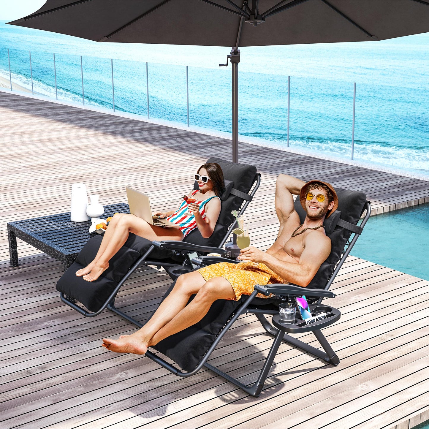Reclining Zero Gravity Chair with Adjustable Backrest, Folding Garden Sun Lounger with Removable Cushion, Headrest Cup Phone Holder Tray, Set of 2, Black