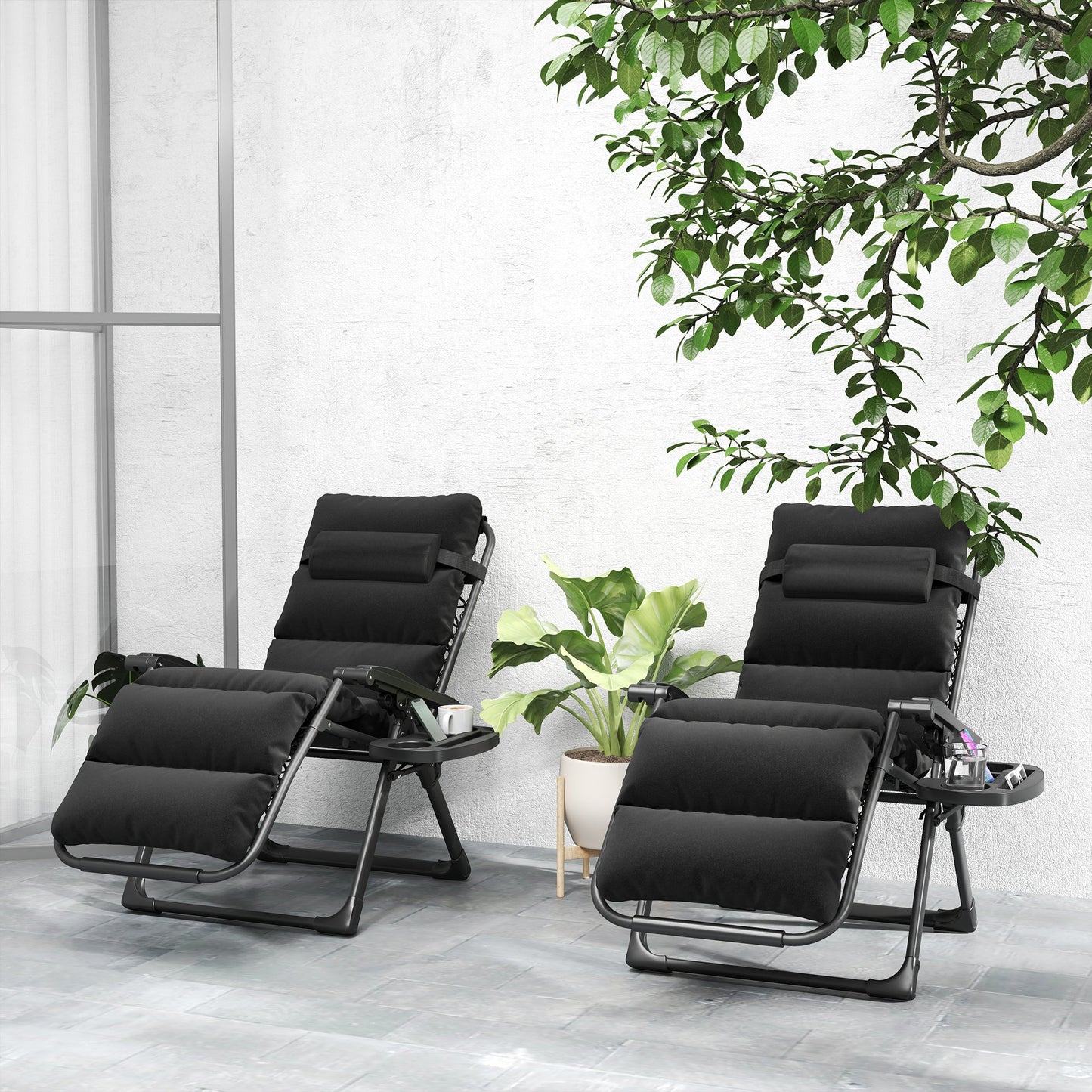 Reclining Zero Gravity Chair with Adjustable Backrest, Folding Garden Sun Lounger with Removable Cushion, Headrest Cup Phone Holder Tray, Set of 2, Black