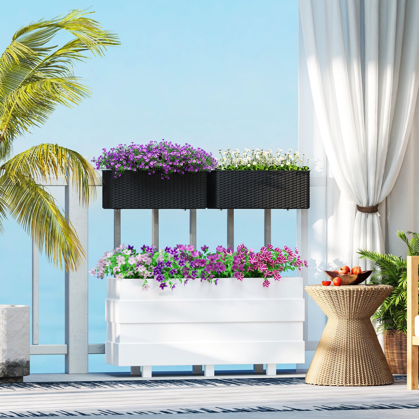 2 Pack Railing Planter Box, 20 Inch Hanging Flower Pots with Hooks and Drainage Hole, Rectangular Planters for Fence, Balcony, Garden, Patio, Rattan Look, Black