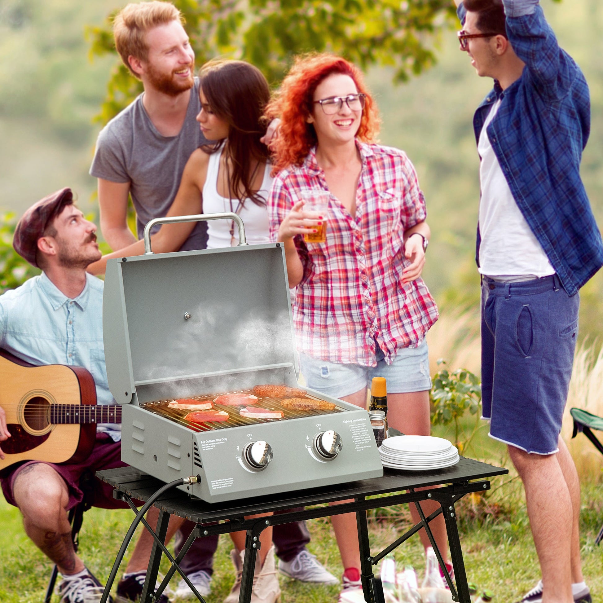 2 Burner Propane Gas Grill, Outdoor Portable Tabletop BBQ with Foldable Legs, 10000 Each Burner, Lid, for Camping, Picnic, Backyard, Silver