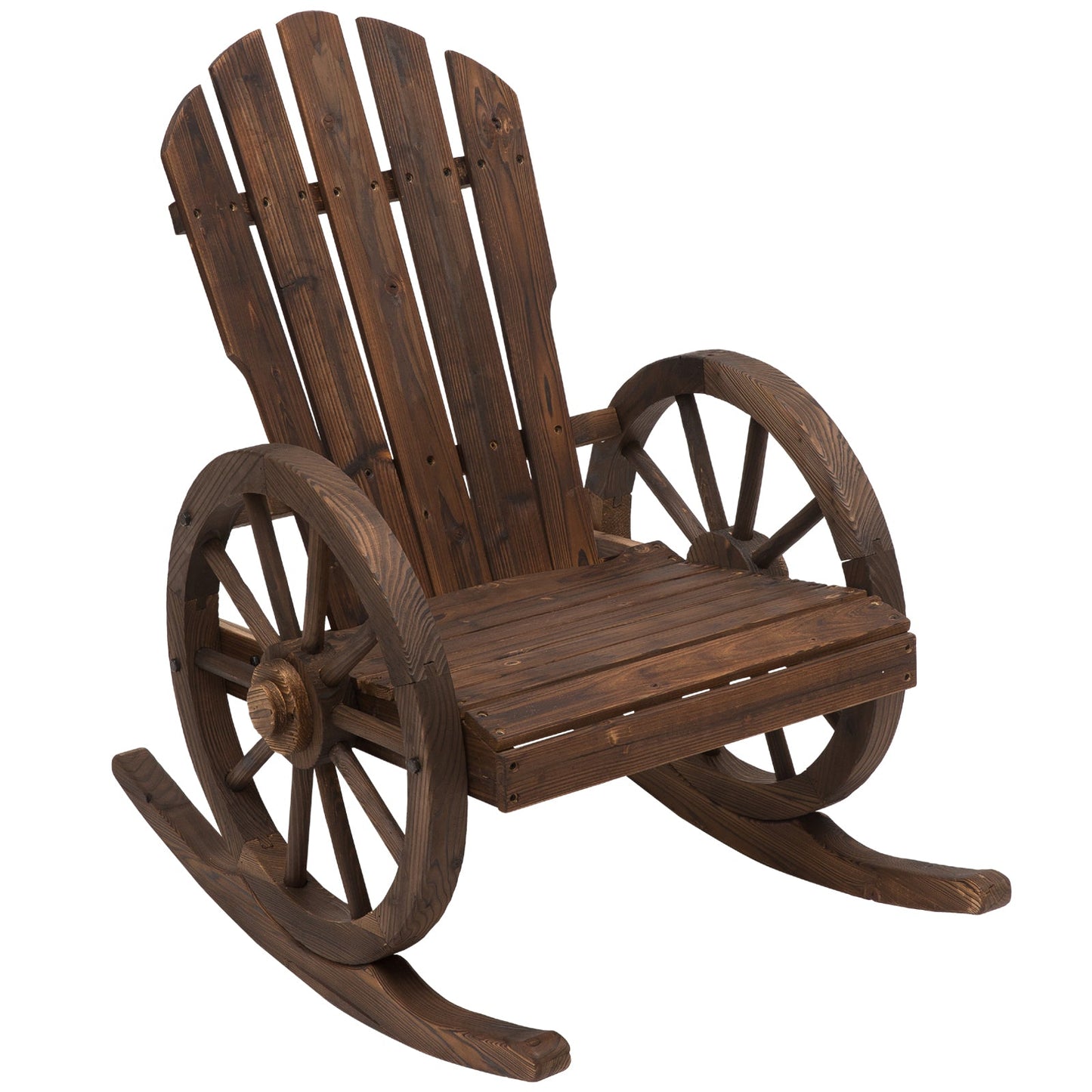 Patio Wooden Adirondack Rocking Chair, Wagon Outdoor Rocker Chair with Slatted Design and Wheel Armrests for Porch, Poolside, or Garden Lounging, Carbonized Wood Colour